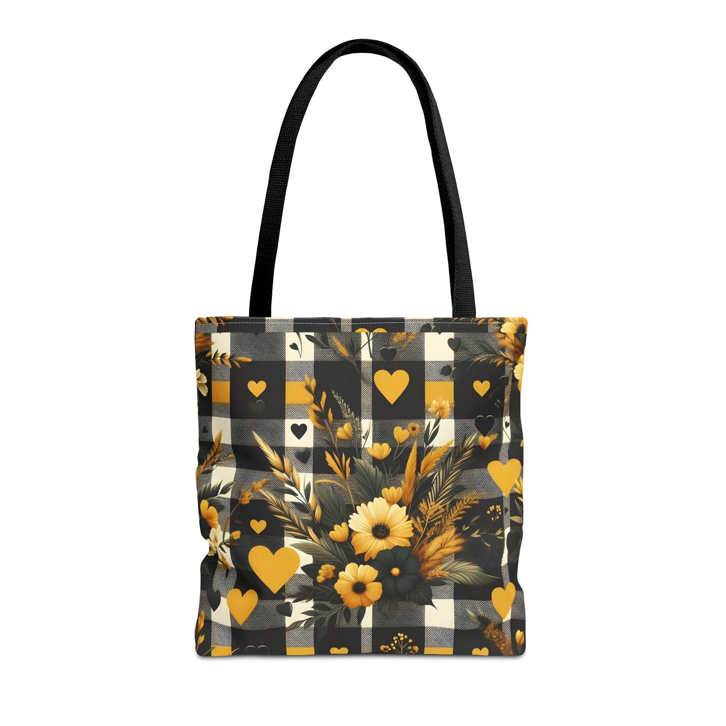 Stylish Yellow and Black Plaid Pattern with Floral and Hearts Tote Bag(AOP)