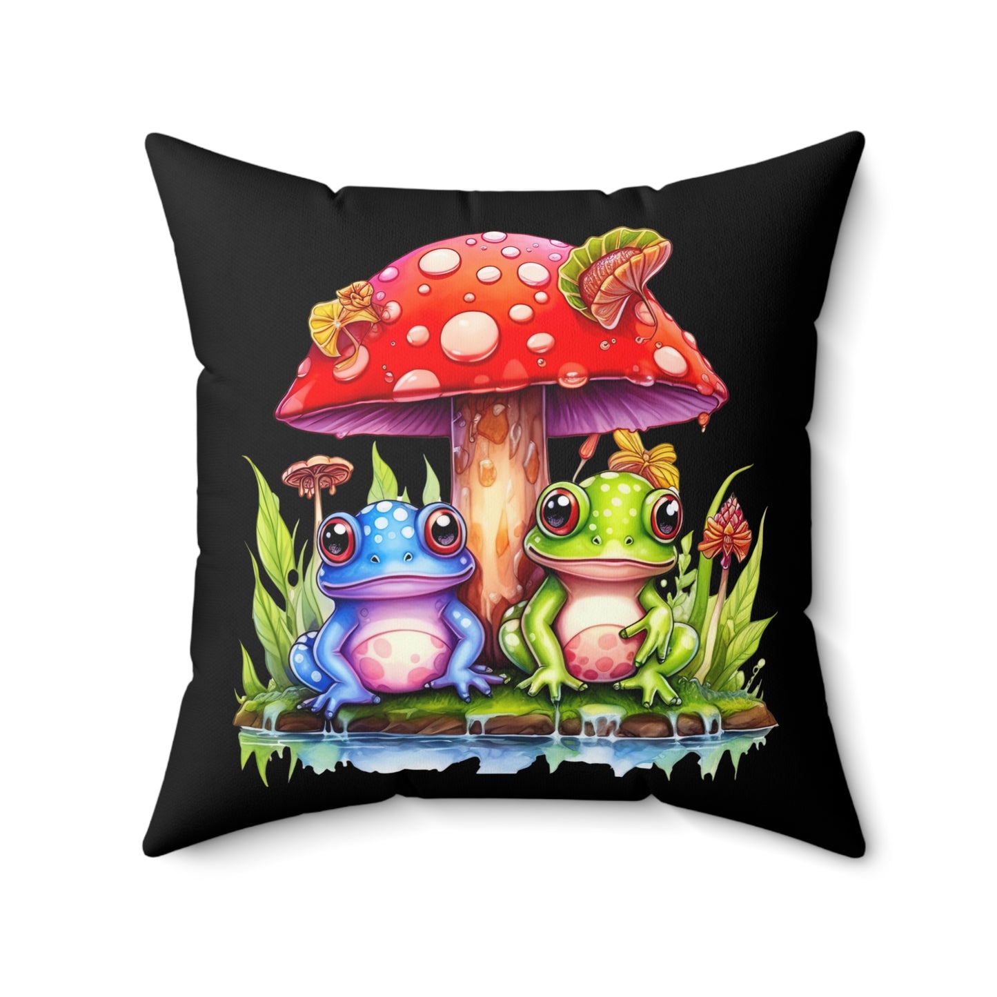 Decorative Spun Polyester Square Pillow, Mushroom with Frogs Decor for Home or Office, Great Gift Idea for Any Occasion for Anyone