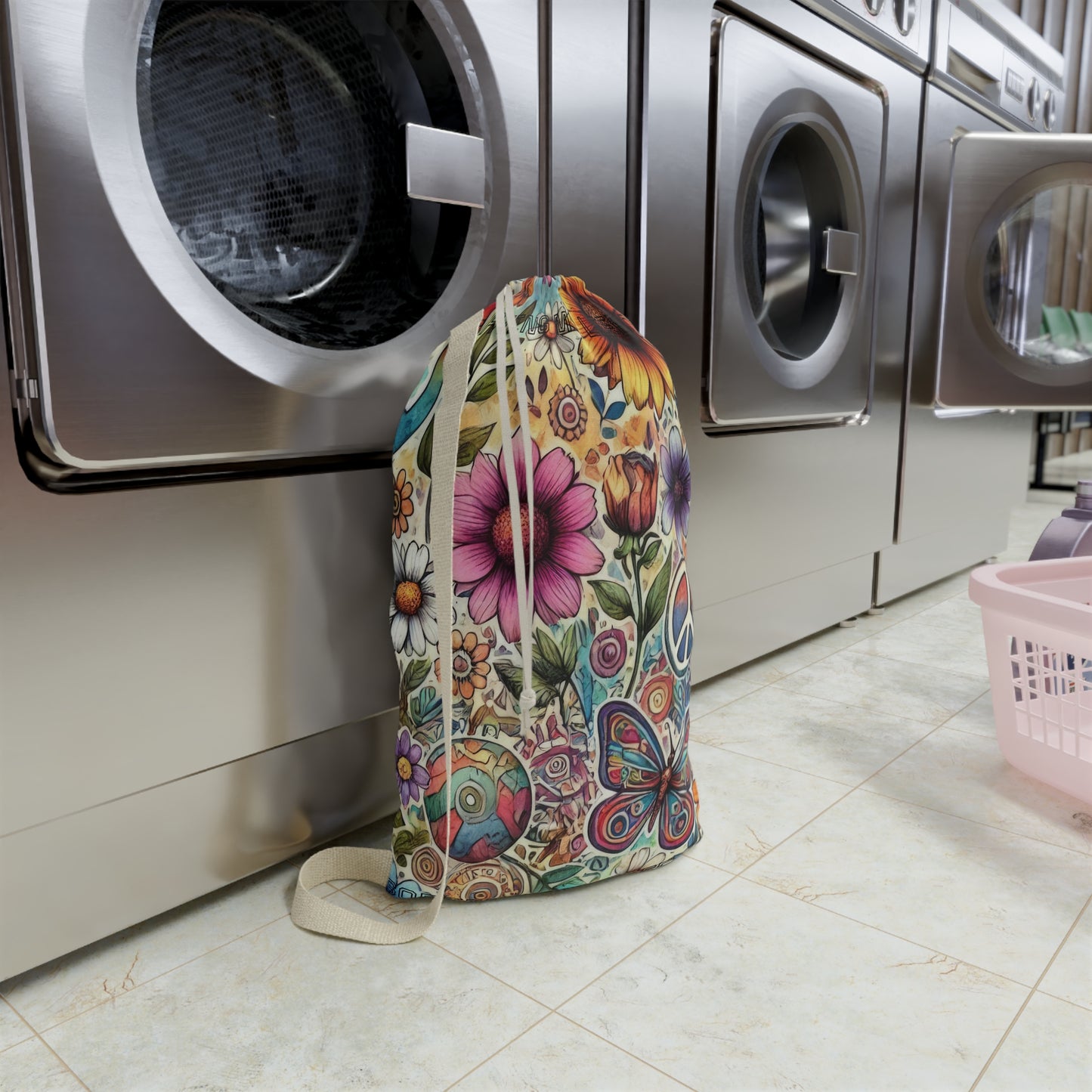 Bohemian Peace Floral "Sorting Out My Life" saying Laundry Bag — Drawstring Hippie Laundry Sack