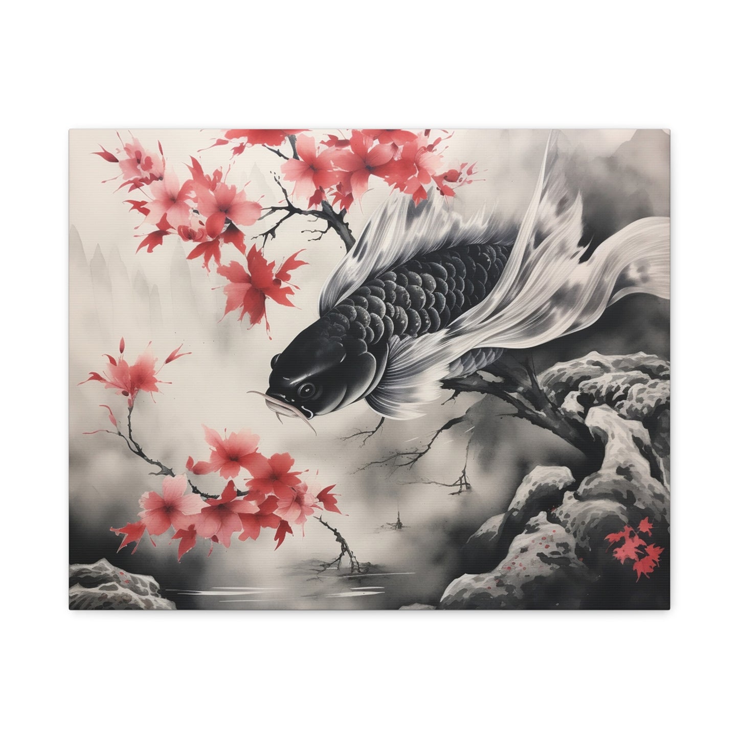 Koi Fish Artwork Canvas Wall Art Print - Elegant Decorative Wall Art with Cherry Blossoms