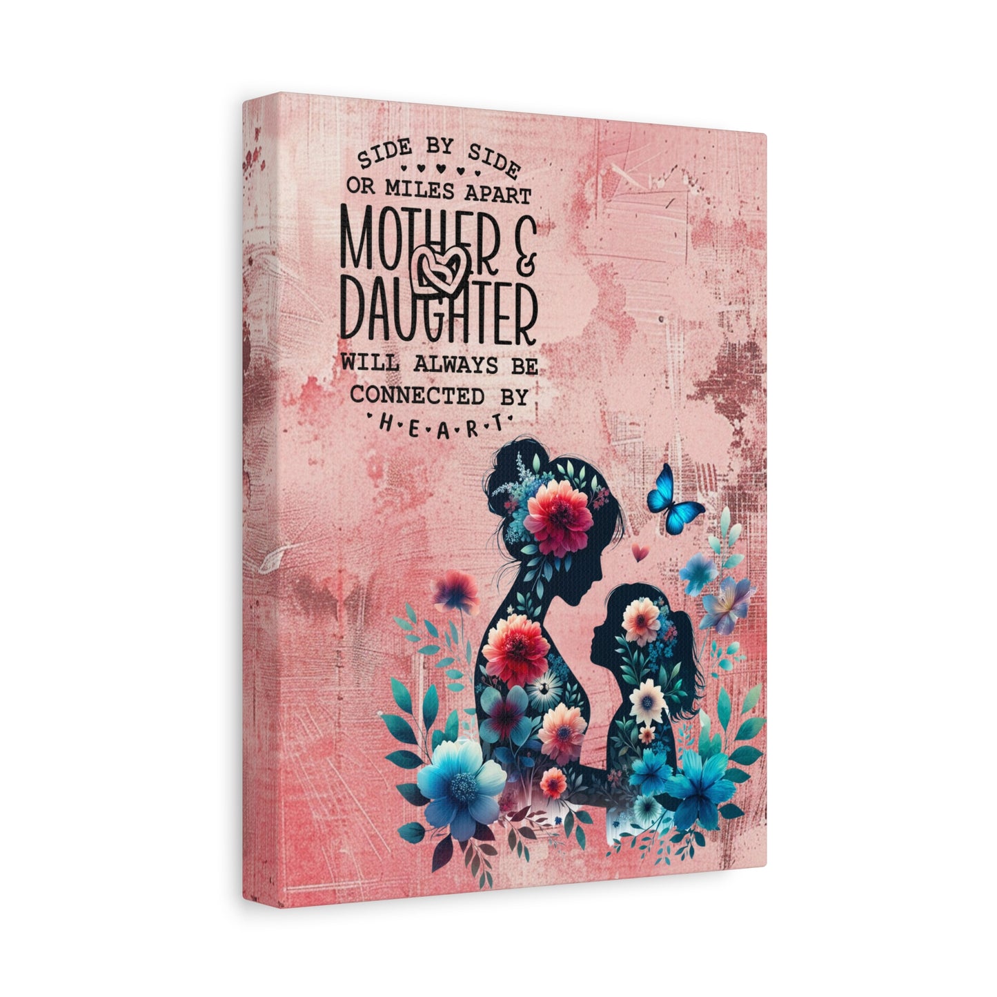 Mother-Daughter Love With Floral And Butterfly Canvas Wall Art Print