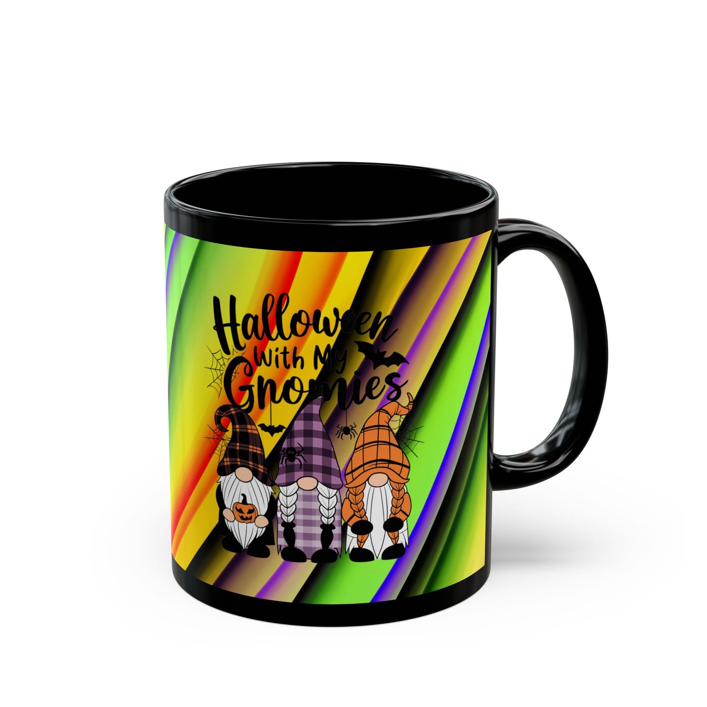 Halloween Theme Black Mug (11oz, 15oz), Cute Halloween Expression with Gnomes, Halloween Lovers, Gnome Lovers, Coffee, Tea, Hot Chocolate Lovers Gift Idea