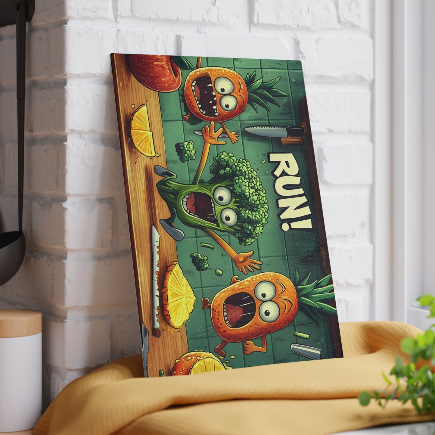 Fun Cartoon Glass Cutting Board - 'Run!' Veggie Design