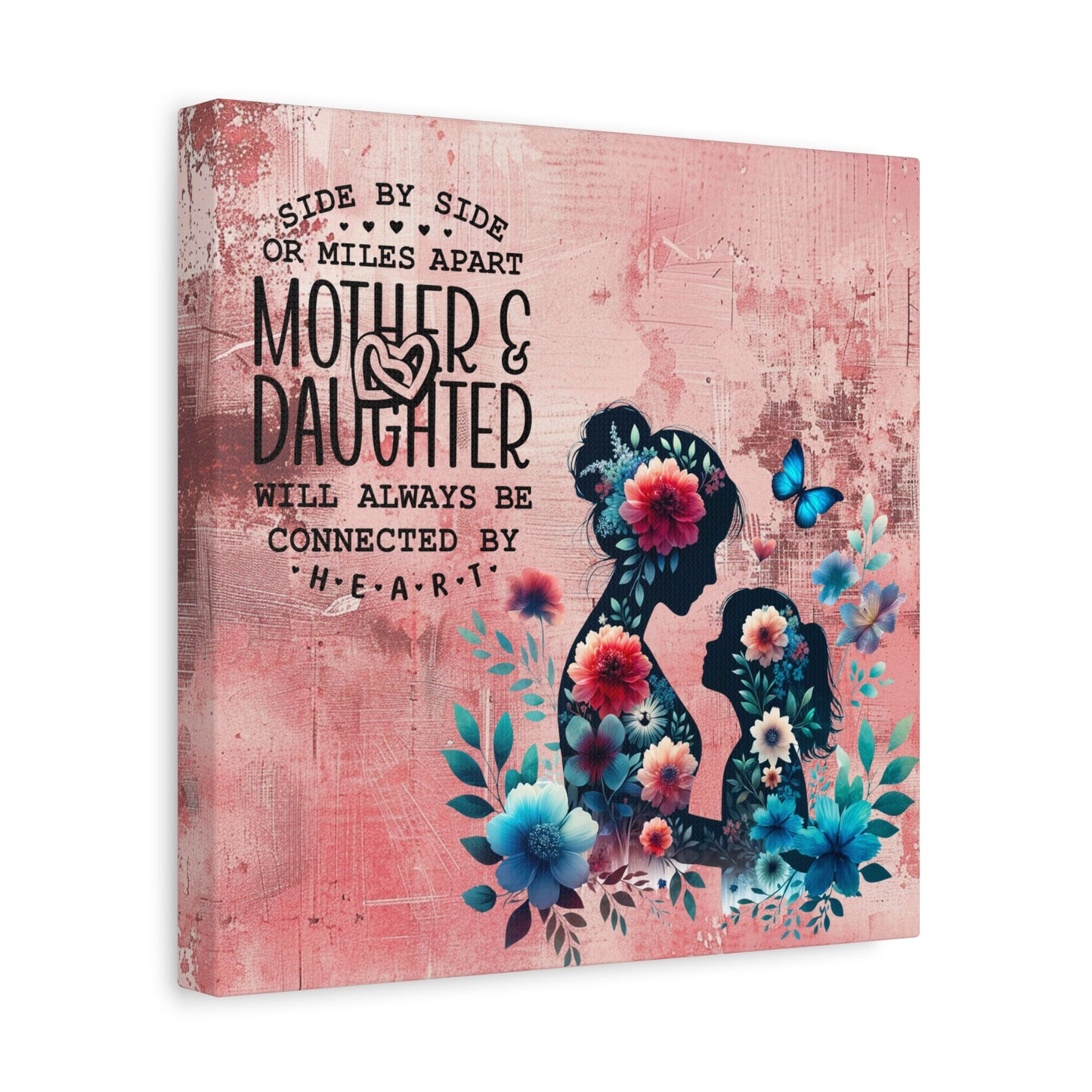 Mother-Daughter Love With Floral And Butterfly Canvas Wall Art Print