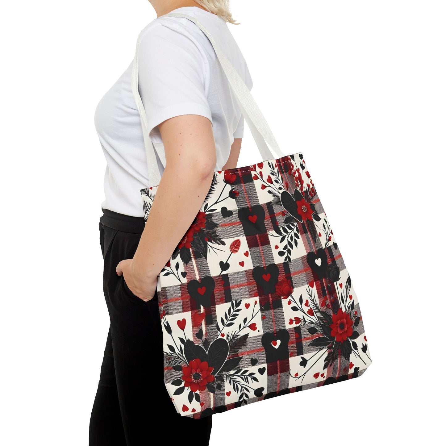 Fashionable Valentine Tote Bag (AOP) with Flowers and Hearts Plaid Design Pattern
