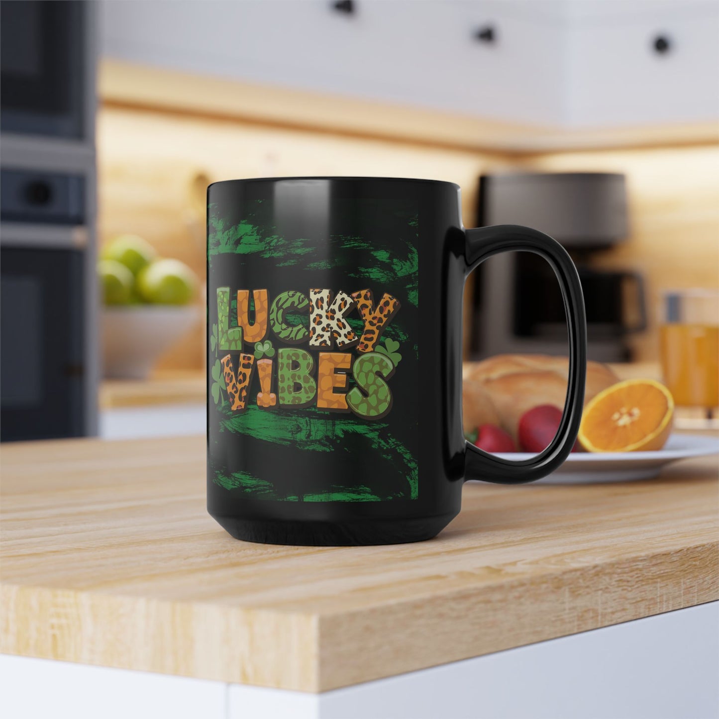 Lucky Vibes Black Mug — St. Patrick’s Day Leopard Print Shamrock Coffee Cup (11oz/15oz)