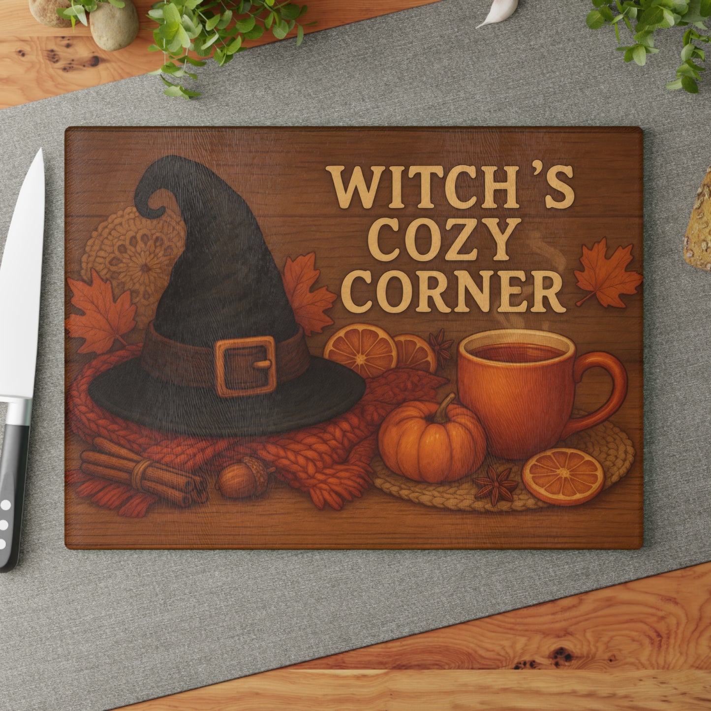 Autumn-Themed Glass Cutting Board - Witch's Cozy Corner