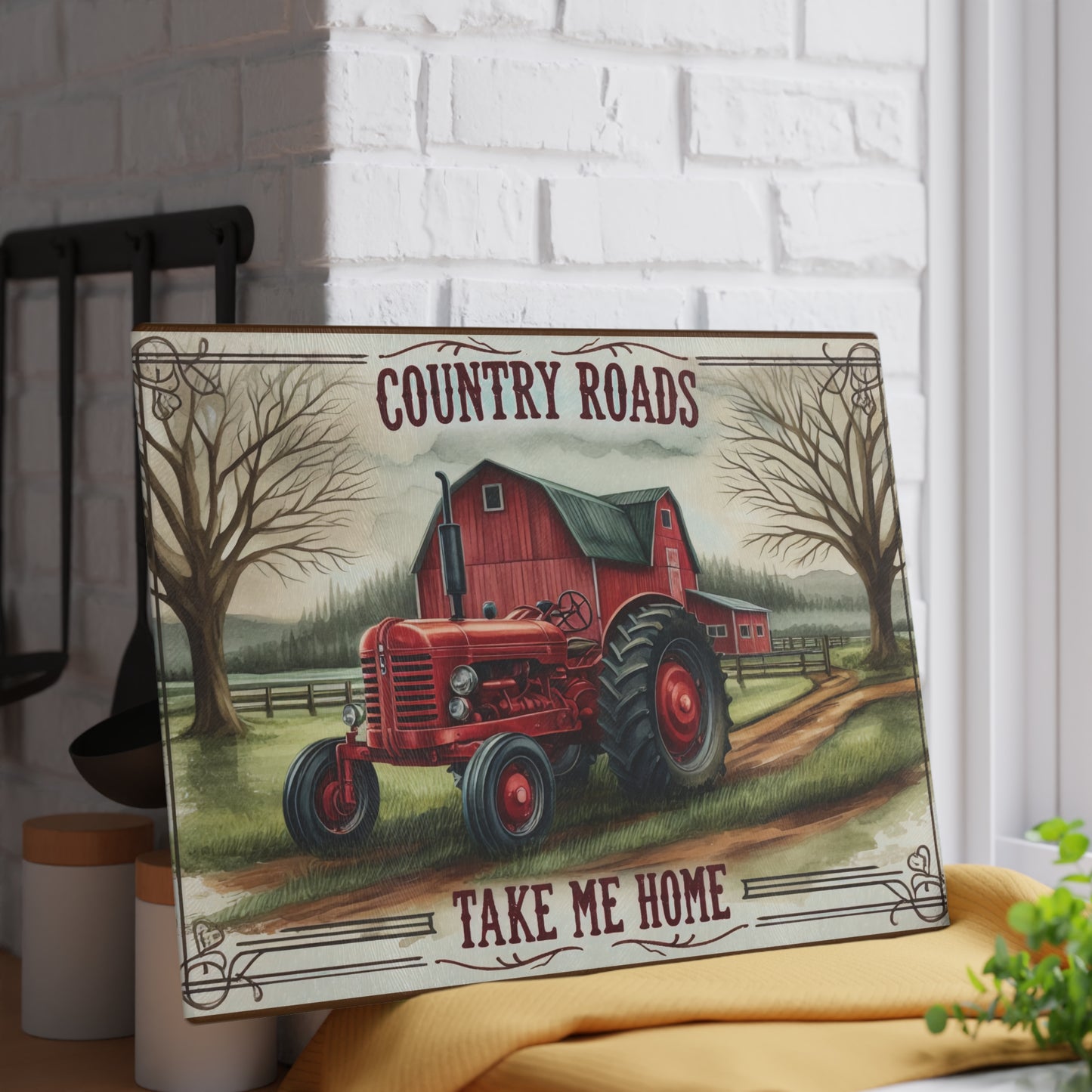 Rustic Farmhouse Glass Cutting Board with "Country Roads Take Me Home" Design