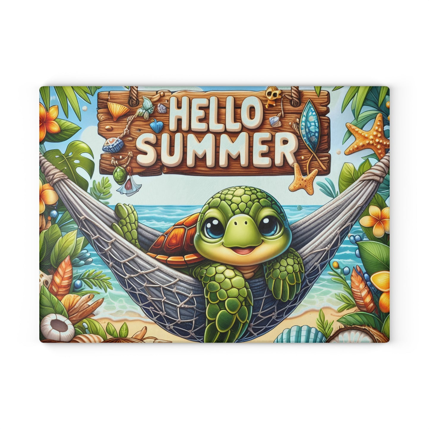 Glass Cutting Board - 'Hello Summer' Sea Turtle Beach Design