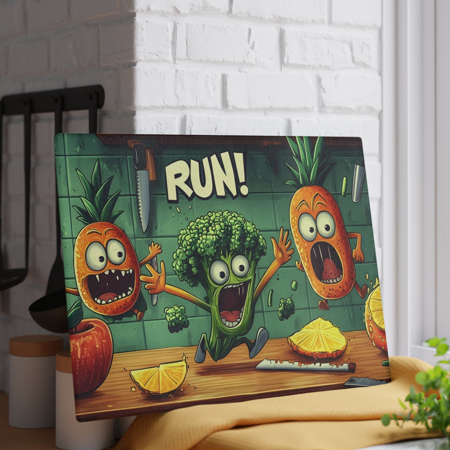 Fun Cartoon Glass Cutting Board - 'Run!' Veggie Design