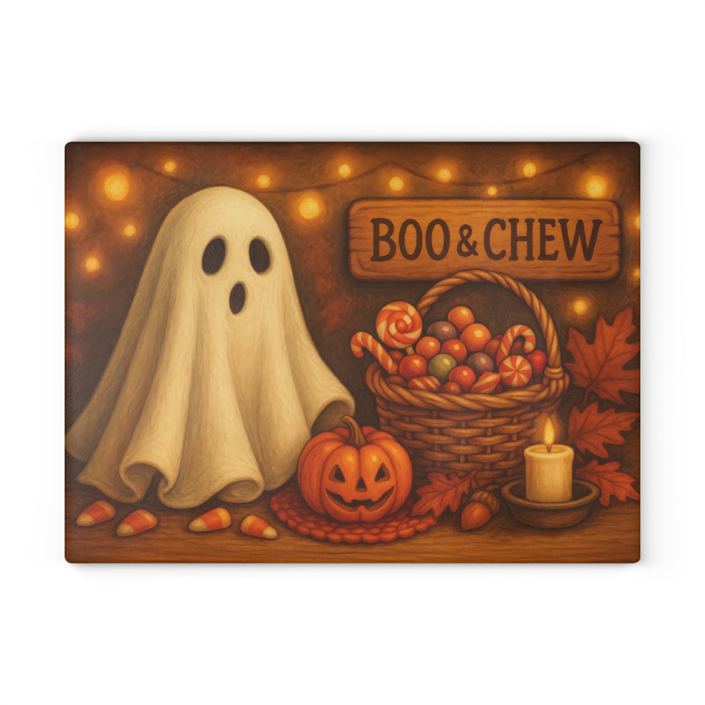 Halloween Themed Glass Cutting Board with 'Boo & Chew' Design
