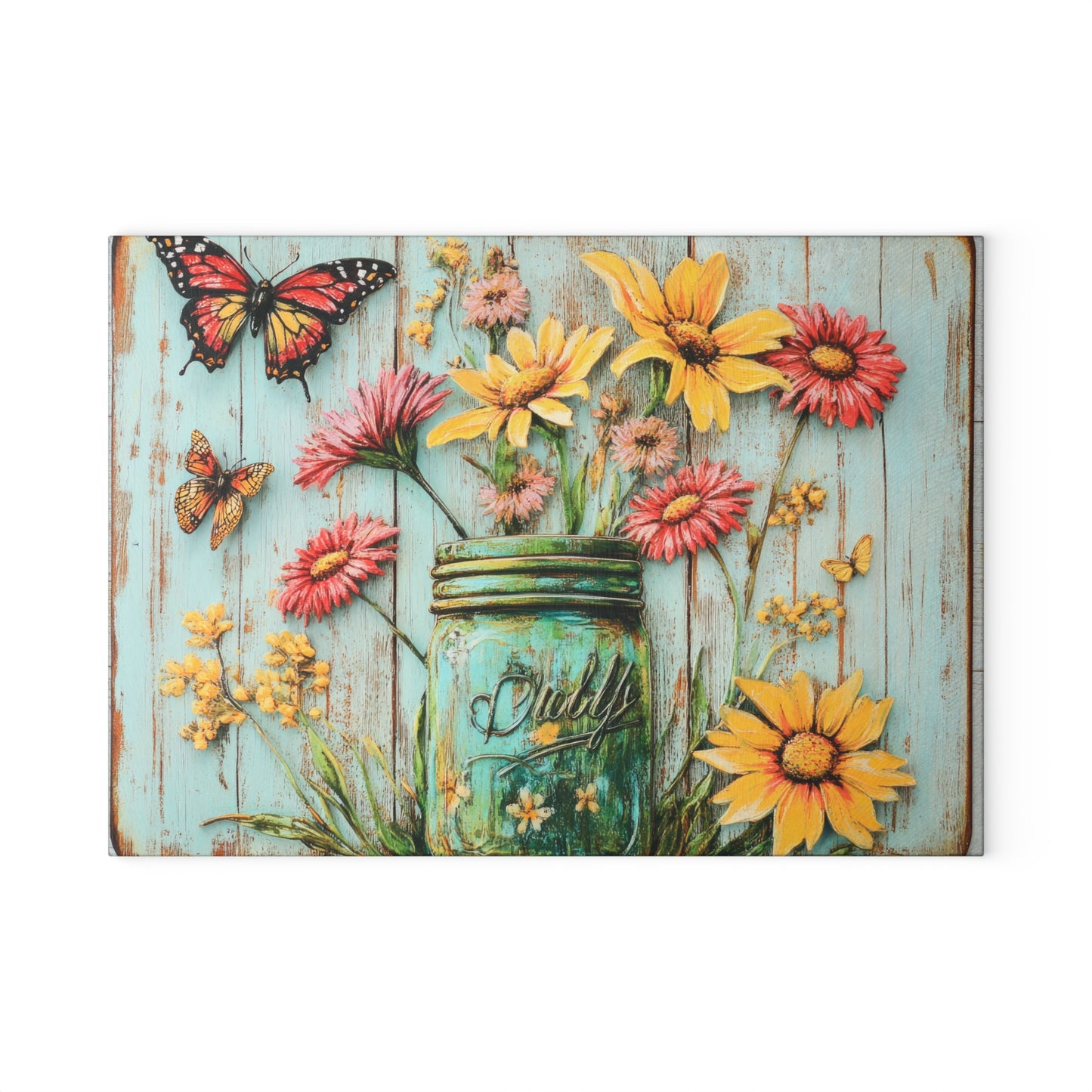 Floral Mason Jar Glass Cutting Board - Rustic Charm