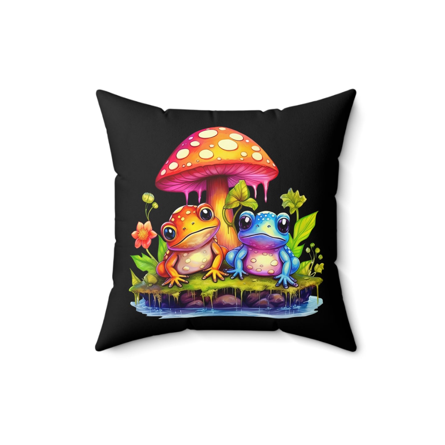 Mushroom with Frogs Spun Polyester Square Pillow, Stylish Mushroom with Frogs Decor for Home or Office, Great Gift Idea for Any Occasion