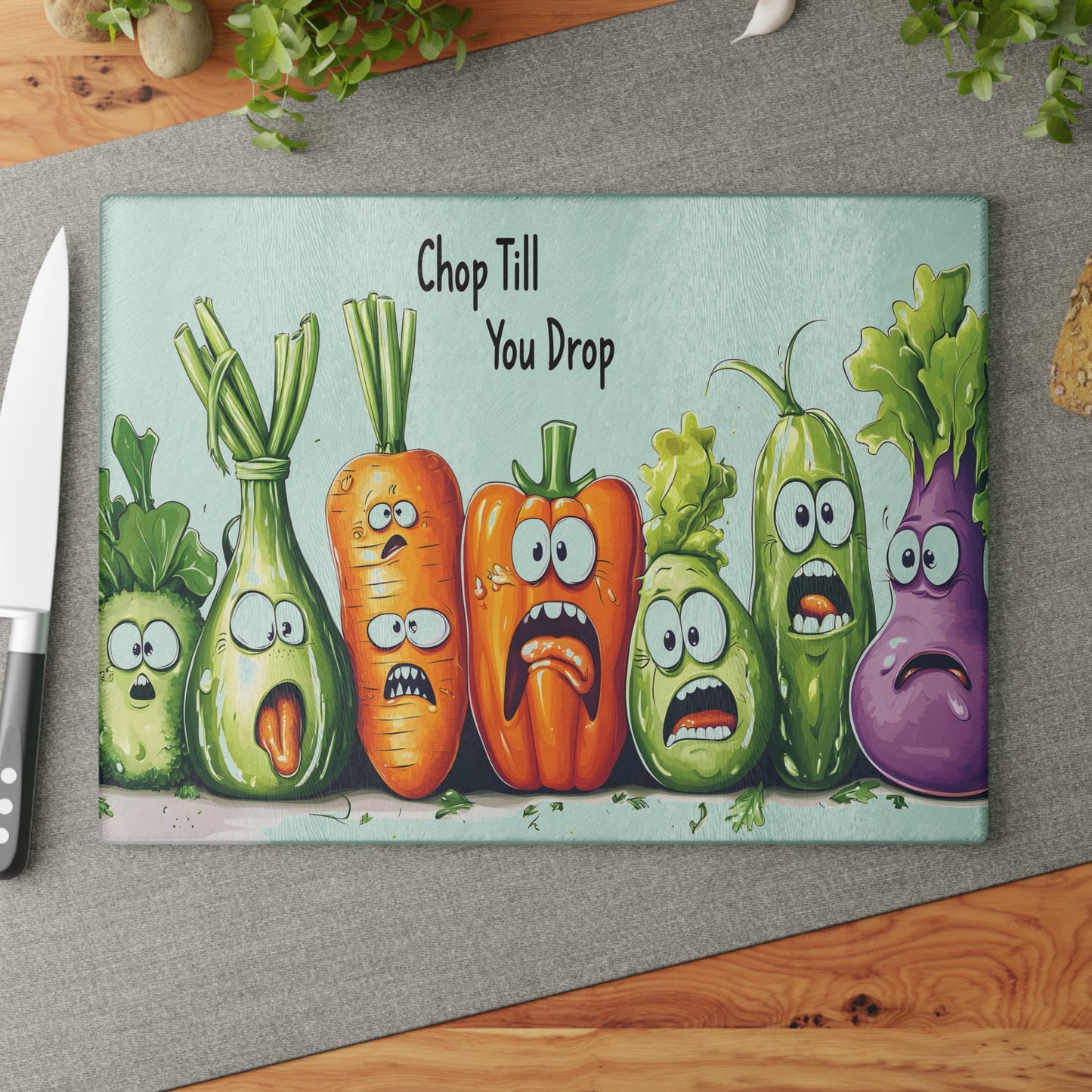Funny Vegetable Glass Cutting Board - 'Chop Till You Drop' Design