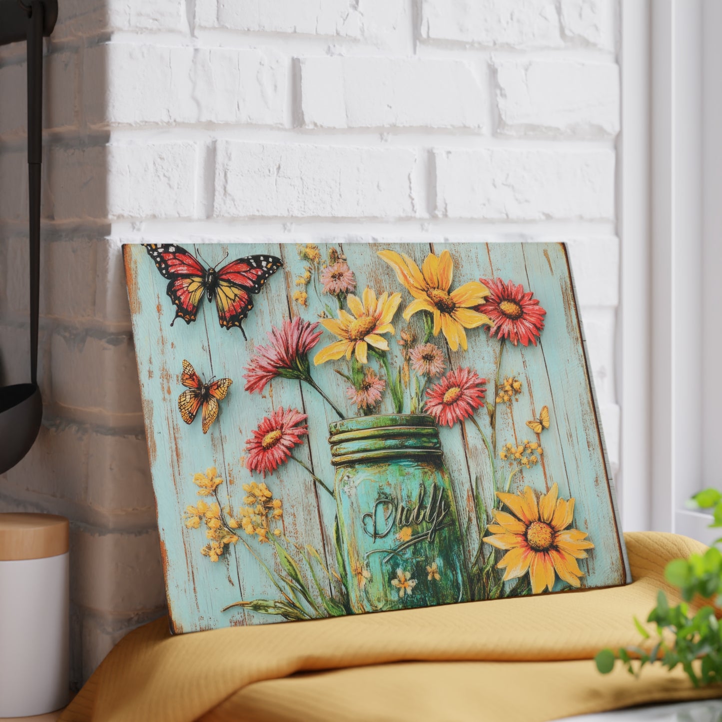 Floral Mason Jar Glass Cutting Board - Rustic Charm