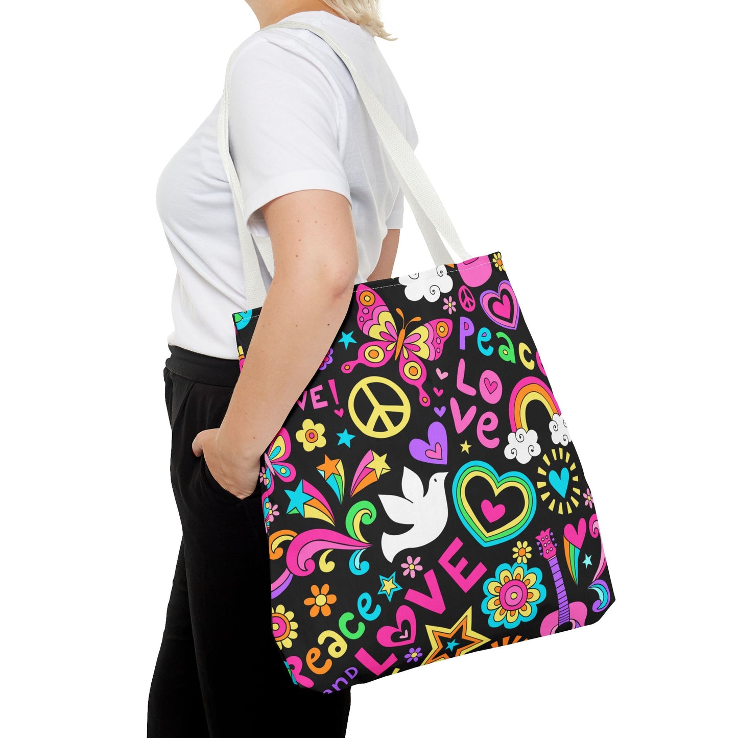 Fashionable Tote Bag (AOP), Stylish, Peace Lovers, Hippie Theme, Great Gift Idea for Birthdays, Holidays or Any Occasion for Anyone