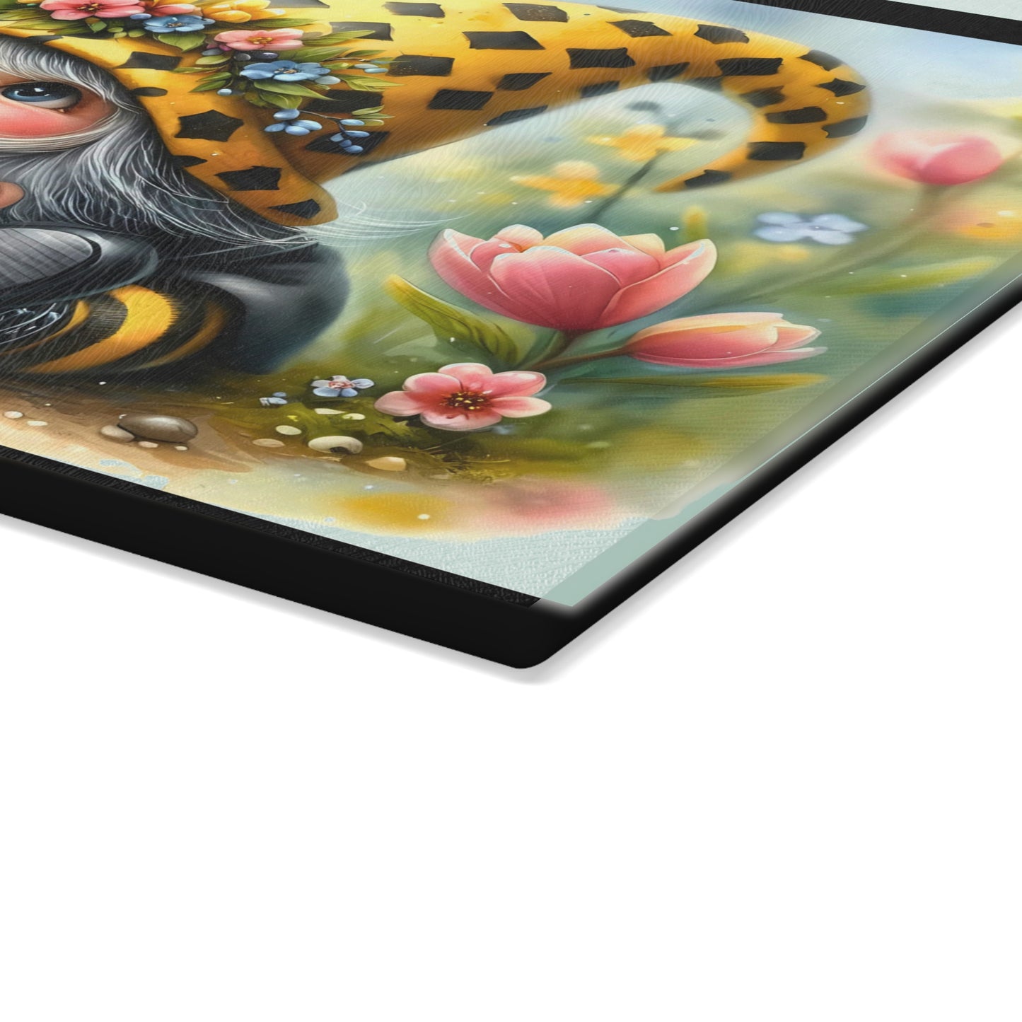 Glass Cutting Board — Cute Bee Gnome Floral Kitchen Cutting Board