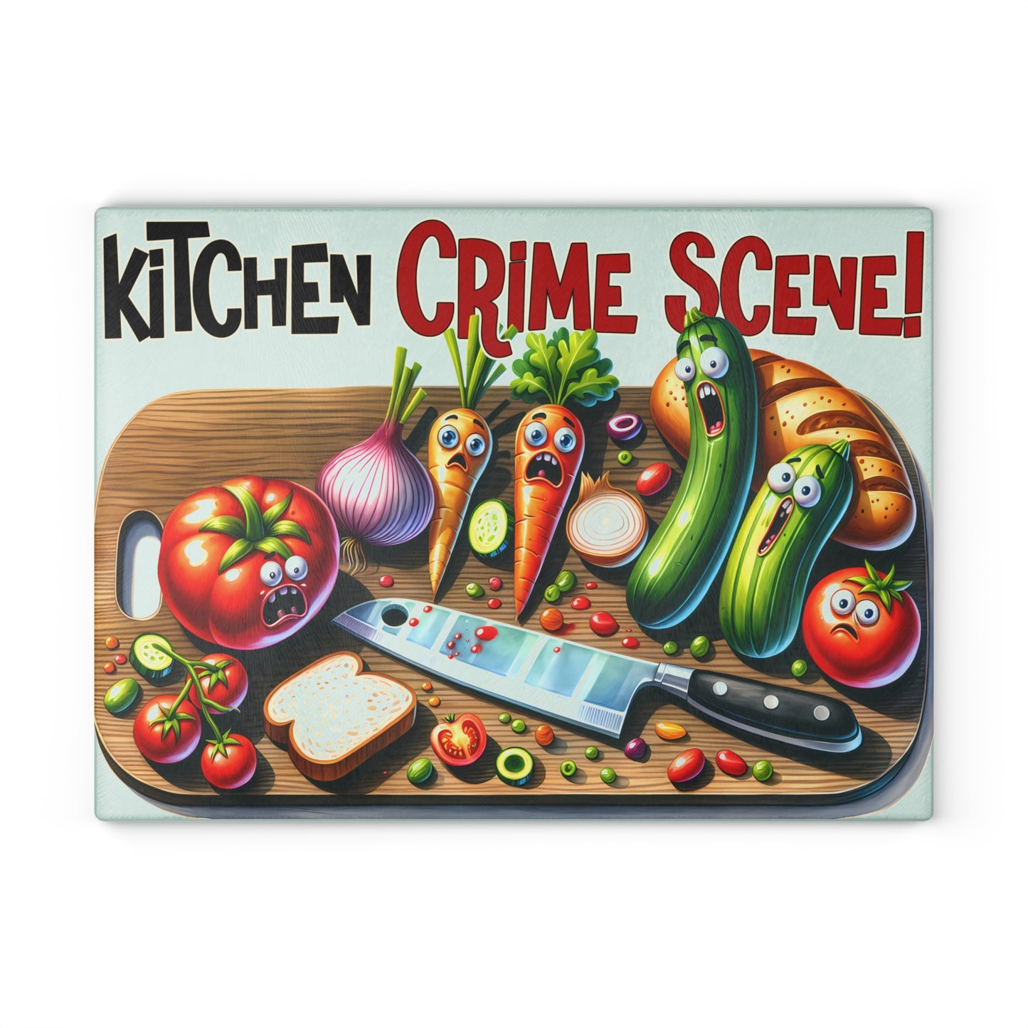 Whimsical Kitchen Crime Scene Glass Cutting Board - Chef Foodie Gift