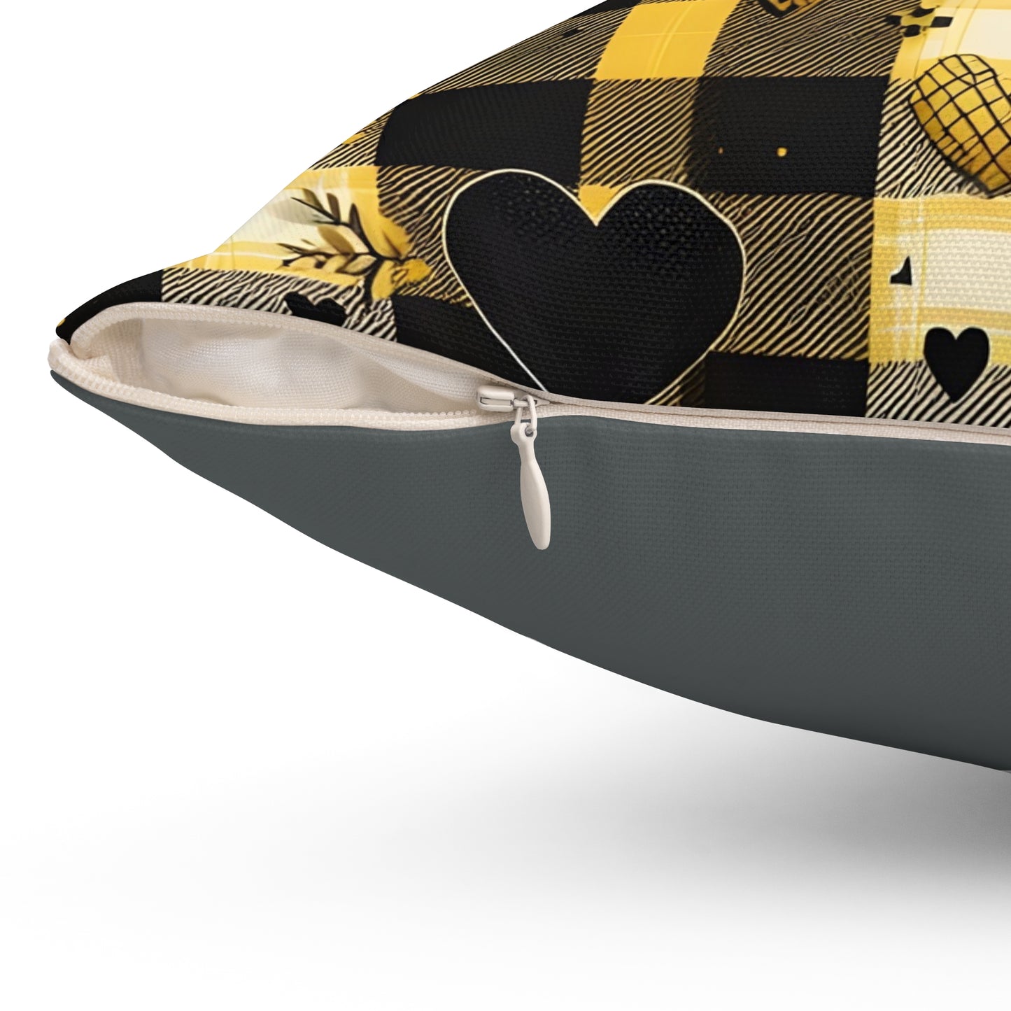 Decorative Spun Polyester Square Pillow with Floral and Hearts Plaid Pattern