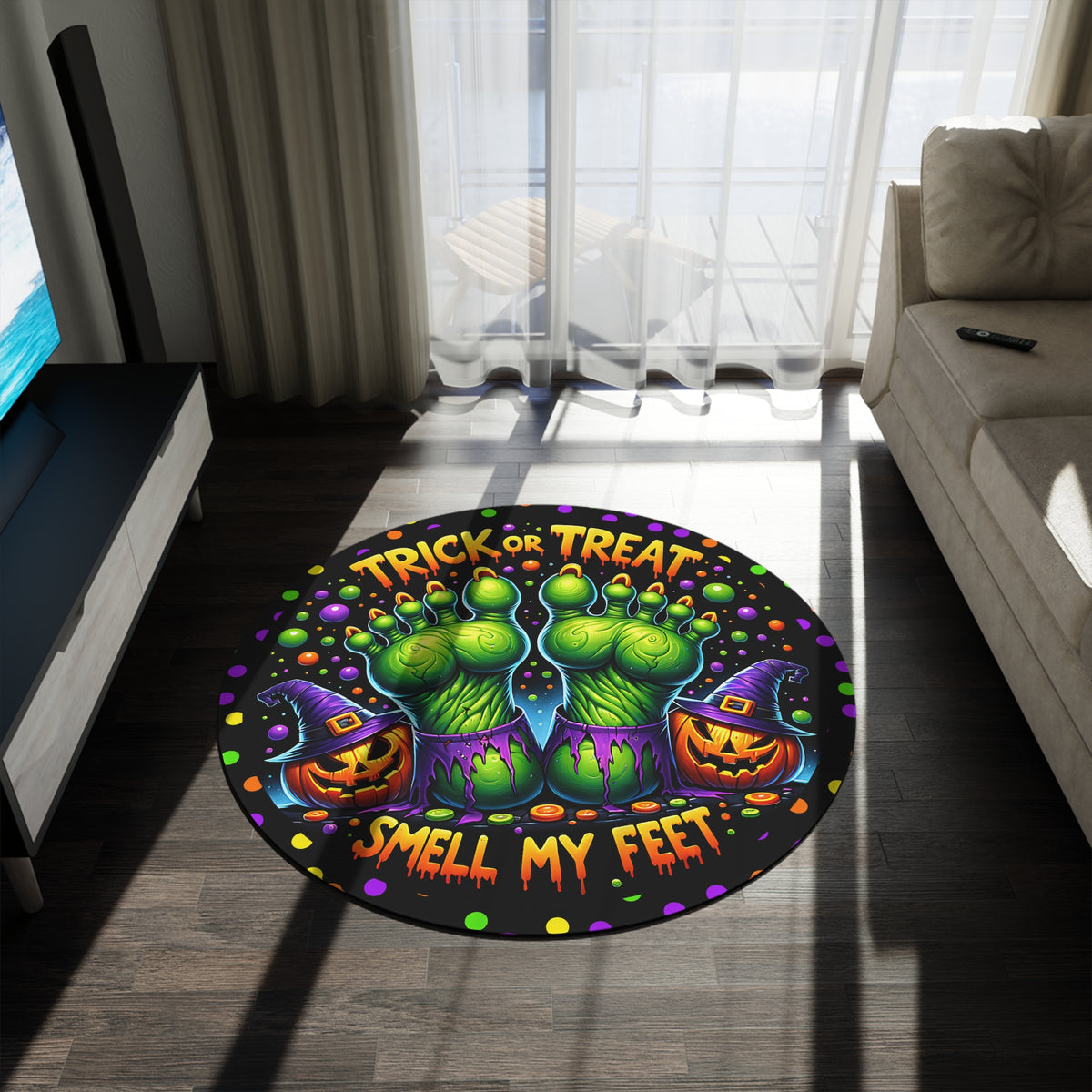 Halloween Round Floor Rug — “Trick or Treat, Smell My Feet” Monster Feet Round Floor Rug Decor
