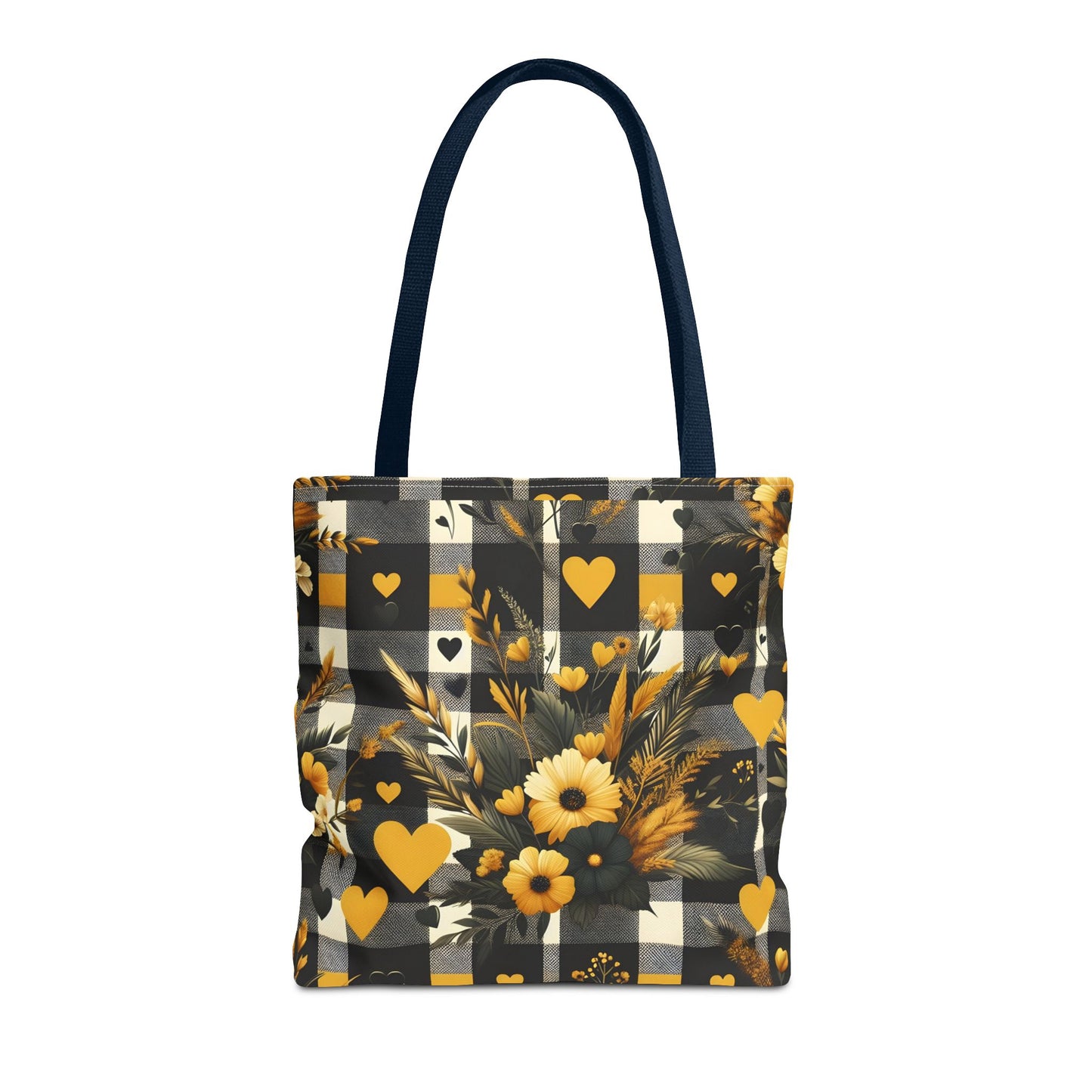 Stylish Yellow and Black Plaid Pattern with Floral and Hearts Tote Bag(AOP)