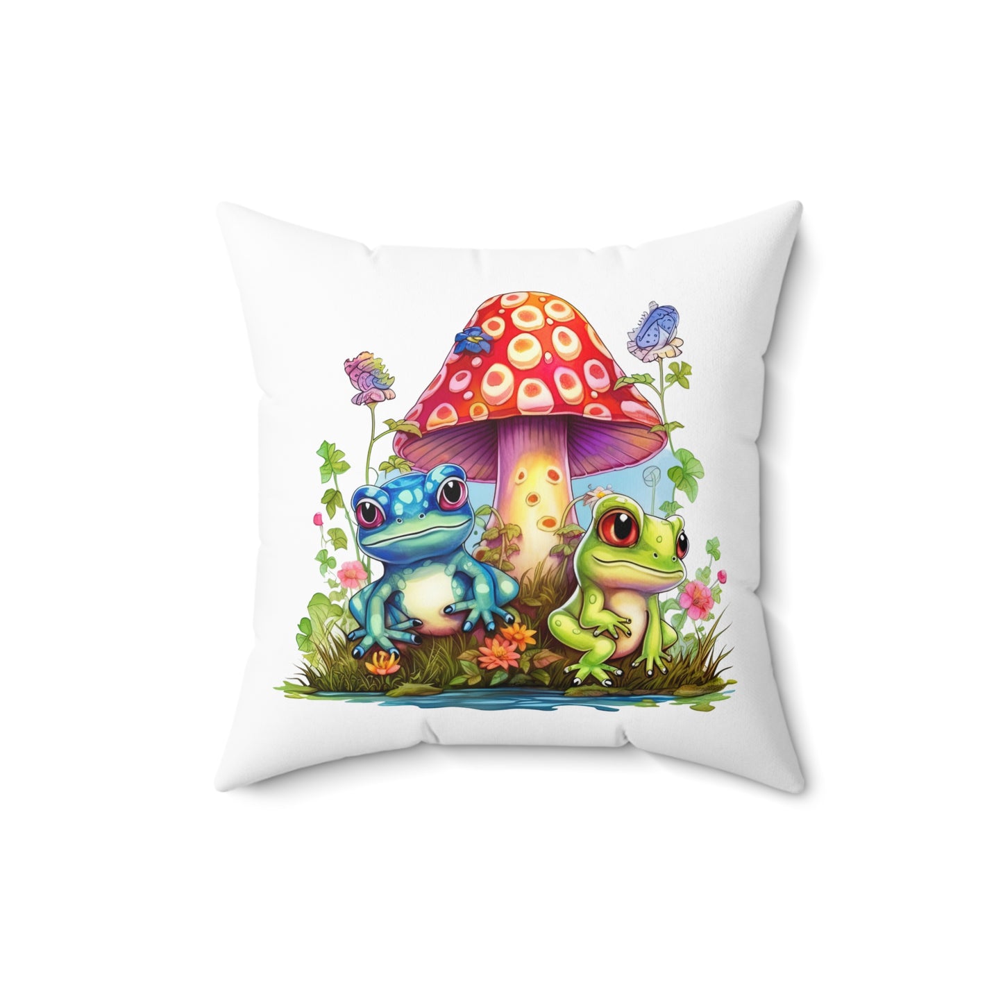 Decorative Spun Polyester Square Pillow, Stylish Mushroom and Frogs Decor for Home or Office, Great Gift Idea for Any Occasion for Anyone