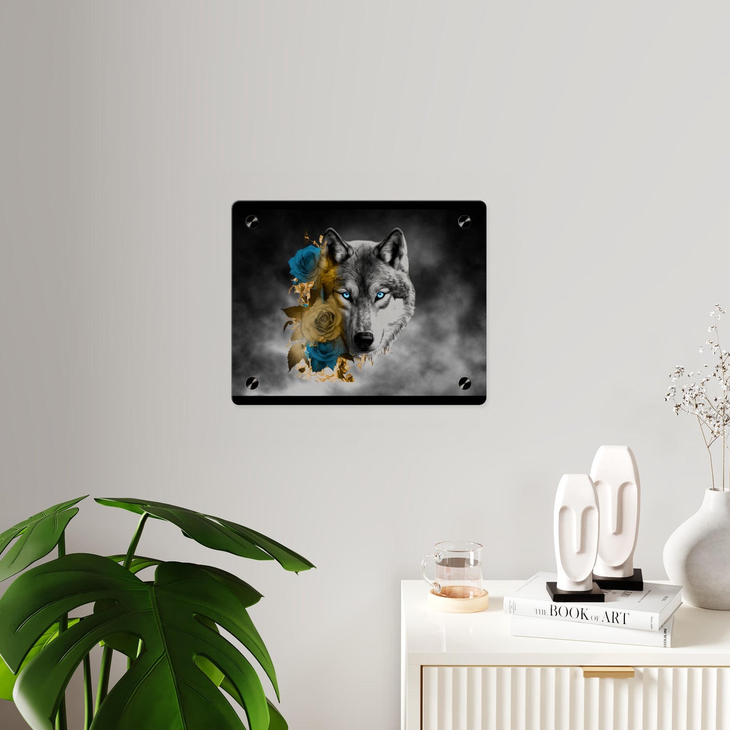 Lively Wolf Acrylic Wall Art Panel - Blue Roses Decor