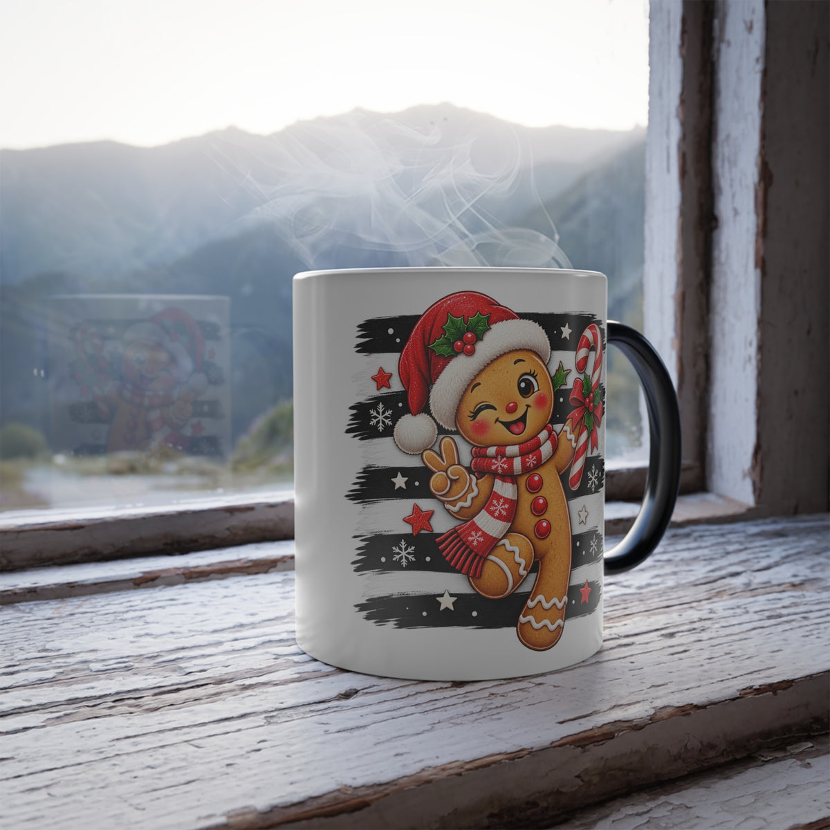 Cheerful Gingerbread Man in Santa Hat with Candy Cane Color Morphing Mug