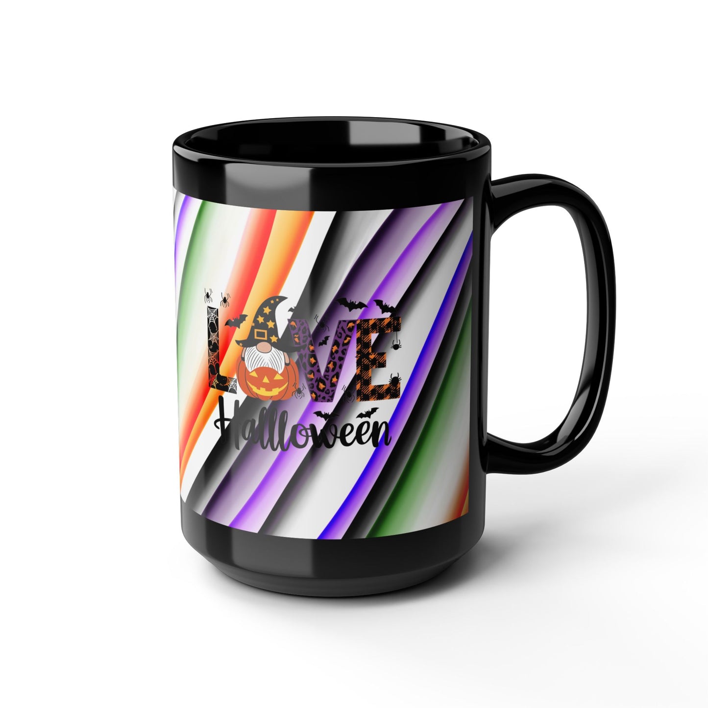 Halloween Theme with Gnome Black Mug (11oz, 15oz) Halloween Lovers, Coffee, Tea, Hot Chocolate lovers, Great Gift Idea for Any Occasion for Anyone