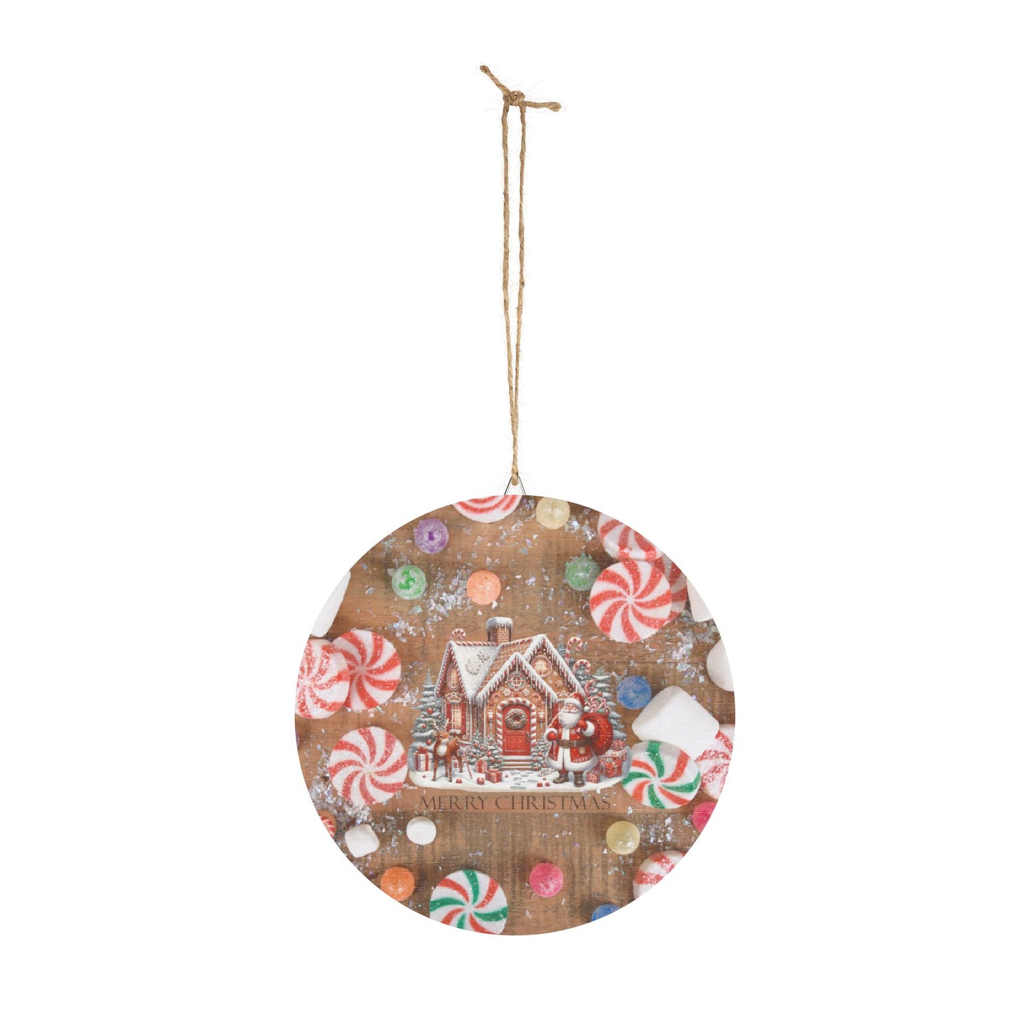 Rustic Charm Gingerbread House & Santa Claus Wood Signs With Candy Background.