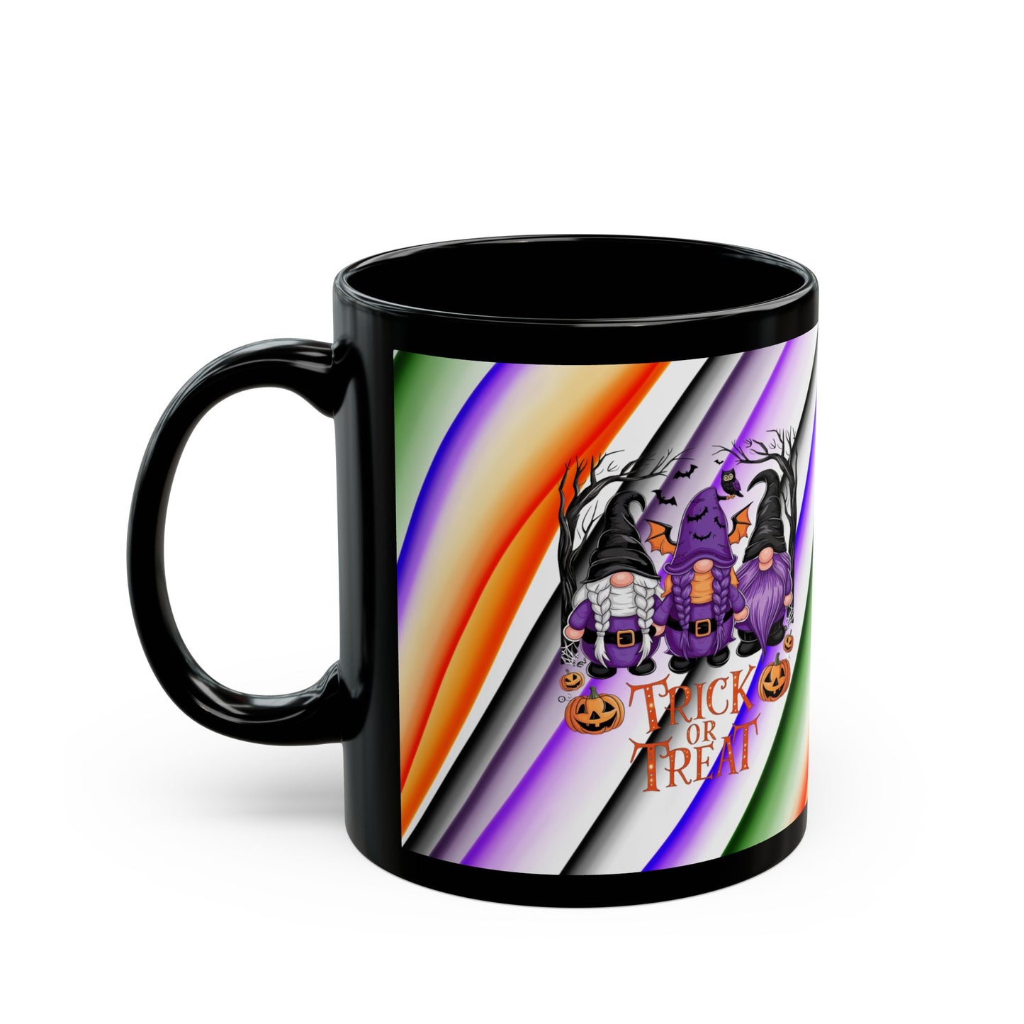 Halloween Theme Black Mug (11oz, 15oz), Cute Halloween Expression with Gnomes, Halloween Lovers, Gnome Lovers, Coffee, Tea, Hot Chocolate Lovers Gift Idea