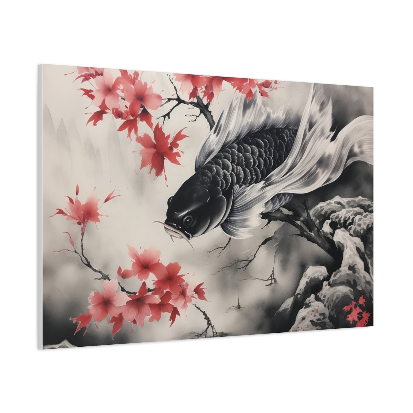Koi Fish Artwork Canvas Wall Art Print - Elegant Decorative Wall Art with Cherry Blossoms