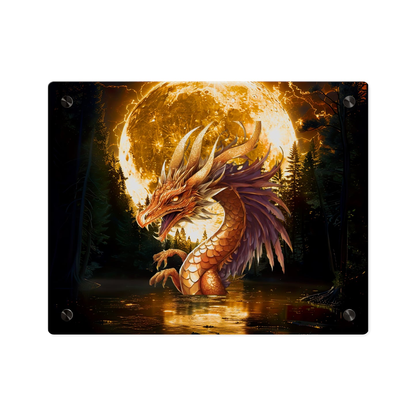 Gothic Theme Acrylic Wall Art Panel, Purple Dragon with Moon Background, Dragon Lovers, For Anyone, Accent for Any Room