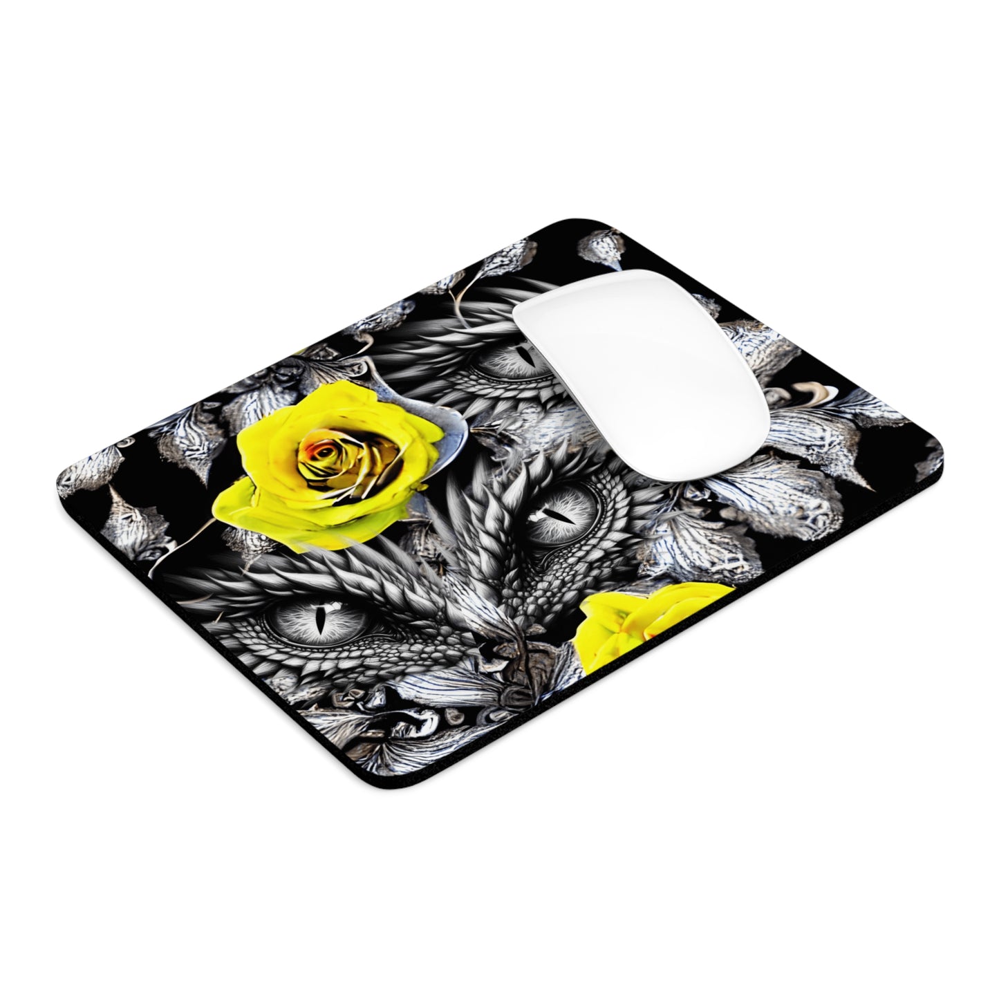 Detailed Dragon Eyes and Yellow Rose Desk Mouse Pad, Laptop Accessory, Gaming Gear, Office Decor, Gift for Him/Her