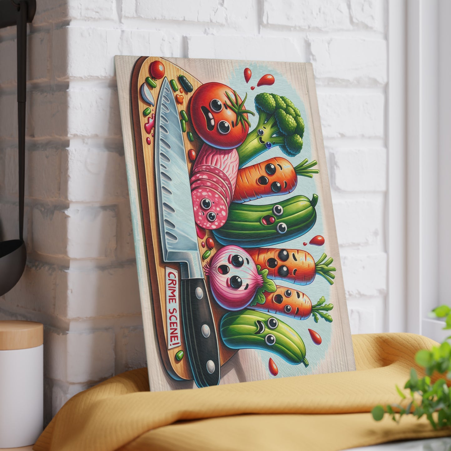 Whimsical Glass Cutting Board - ‘Crime Scene’ Vegetable Design for Fun Cooking