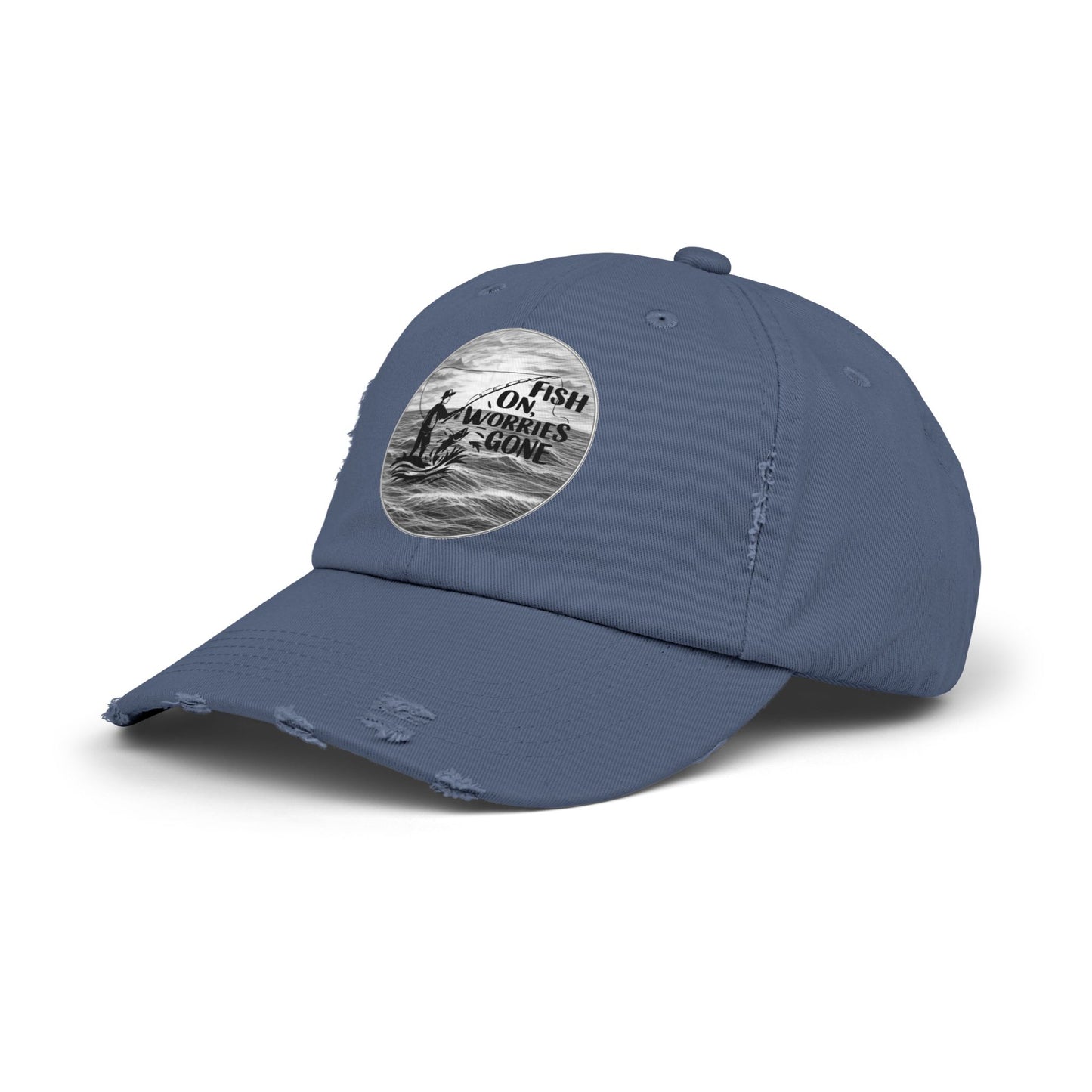Fishing Themed "Fish On Worries Gone" Distressed Cap - Perfect Gift for Anglers, Outdoor Enthusiasts, Summer Vibes, Relaxation Hats, Fun Fishing Accessories