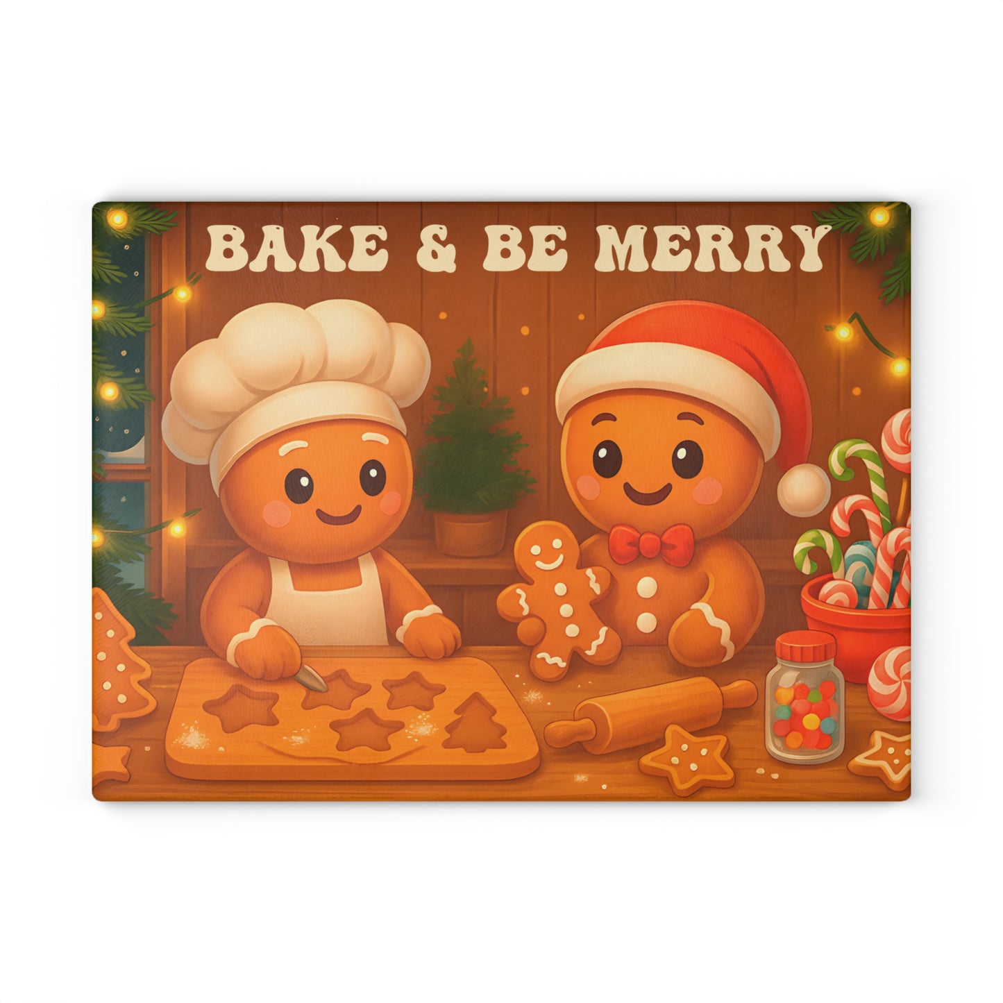 Festive Gingerbread Glass Cutting Board - "Bake & Be Merry"