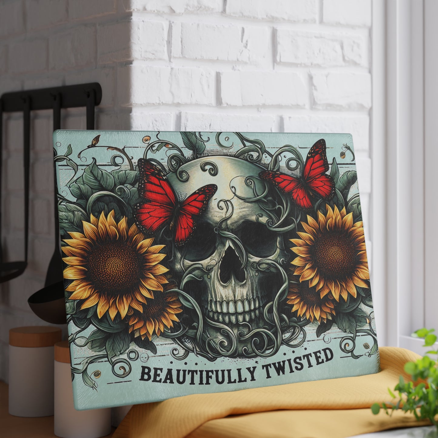 Beautifully Twisted Skull Glass Cutting Board with Sunflowers and Butterflies