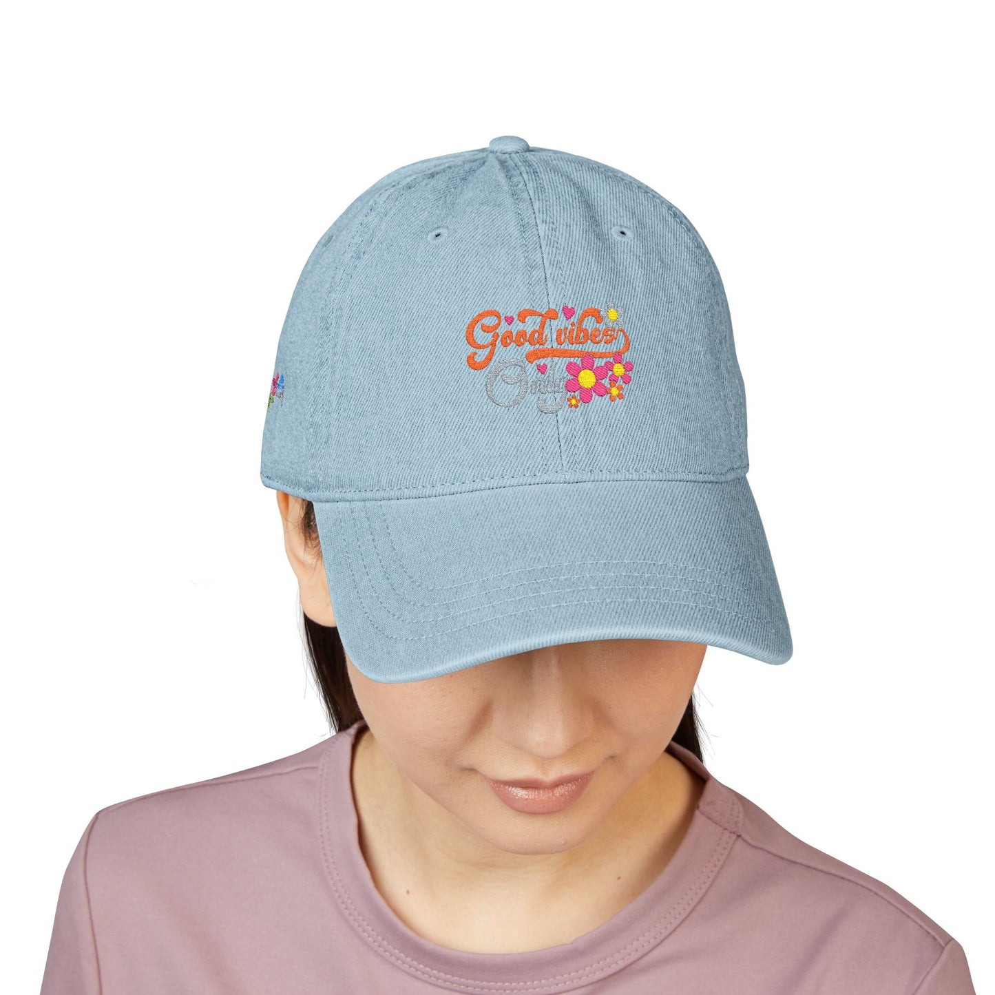 Embroidered Denim Hat - 'Good Vibes Only' Cap