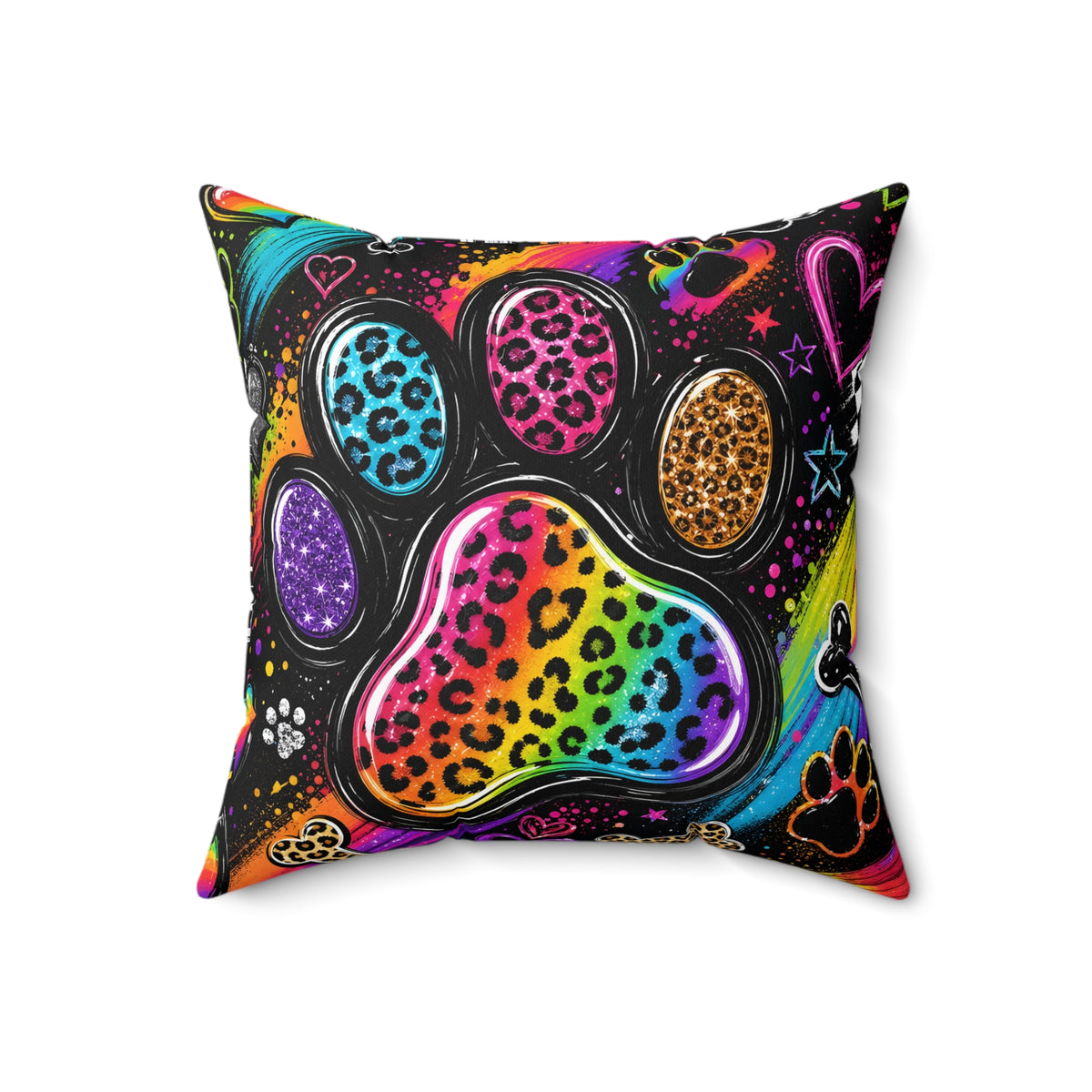Rainbow Leopard Paw Print Throw Pillow — Colorful Pet Lover Decorative Cushion