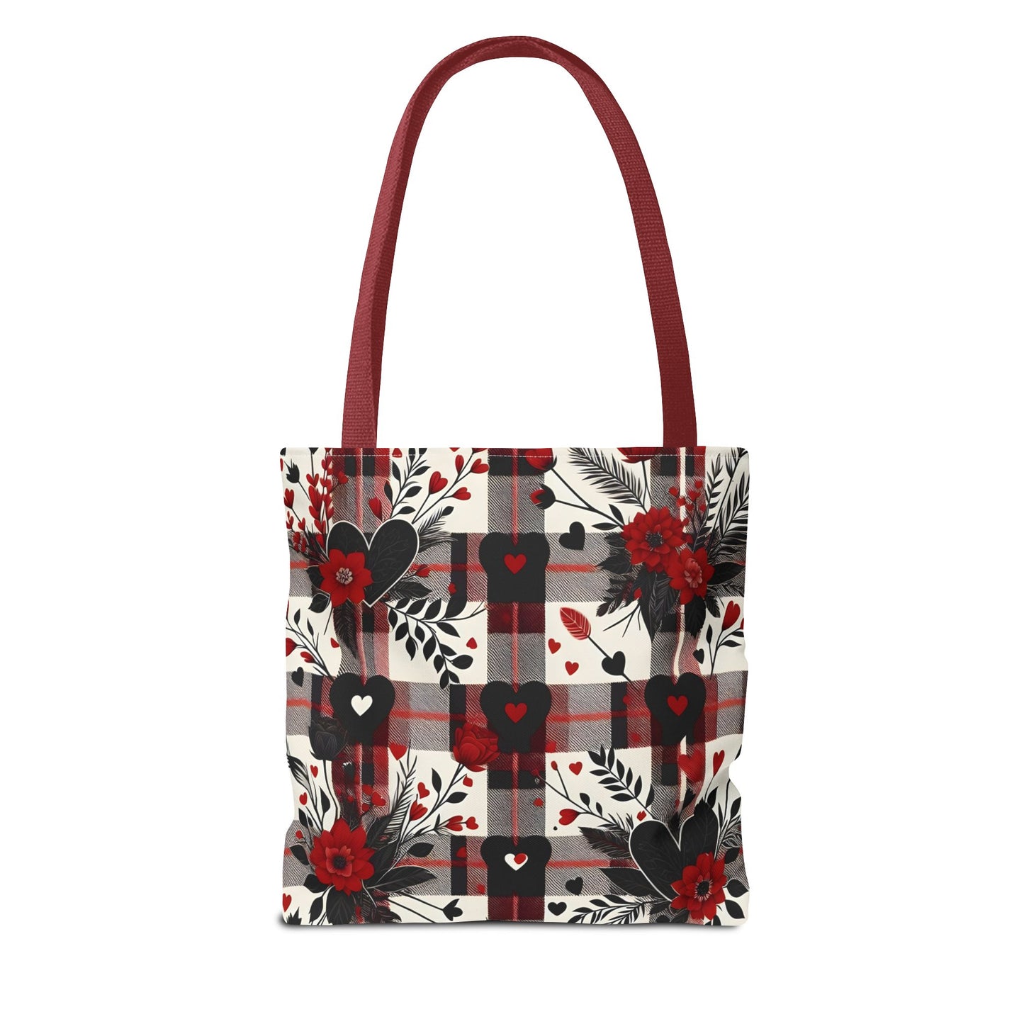 Fashionable Valentine Tote Bag (AOP) with Flowers and Hearts Plaid Design Pattern