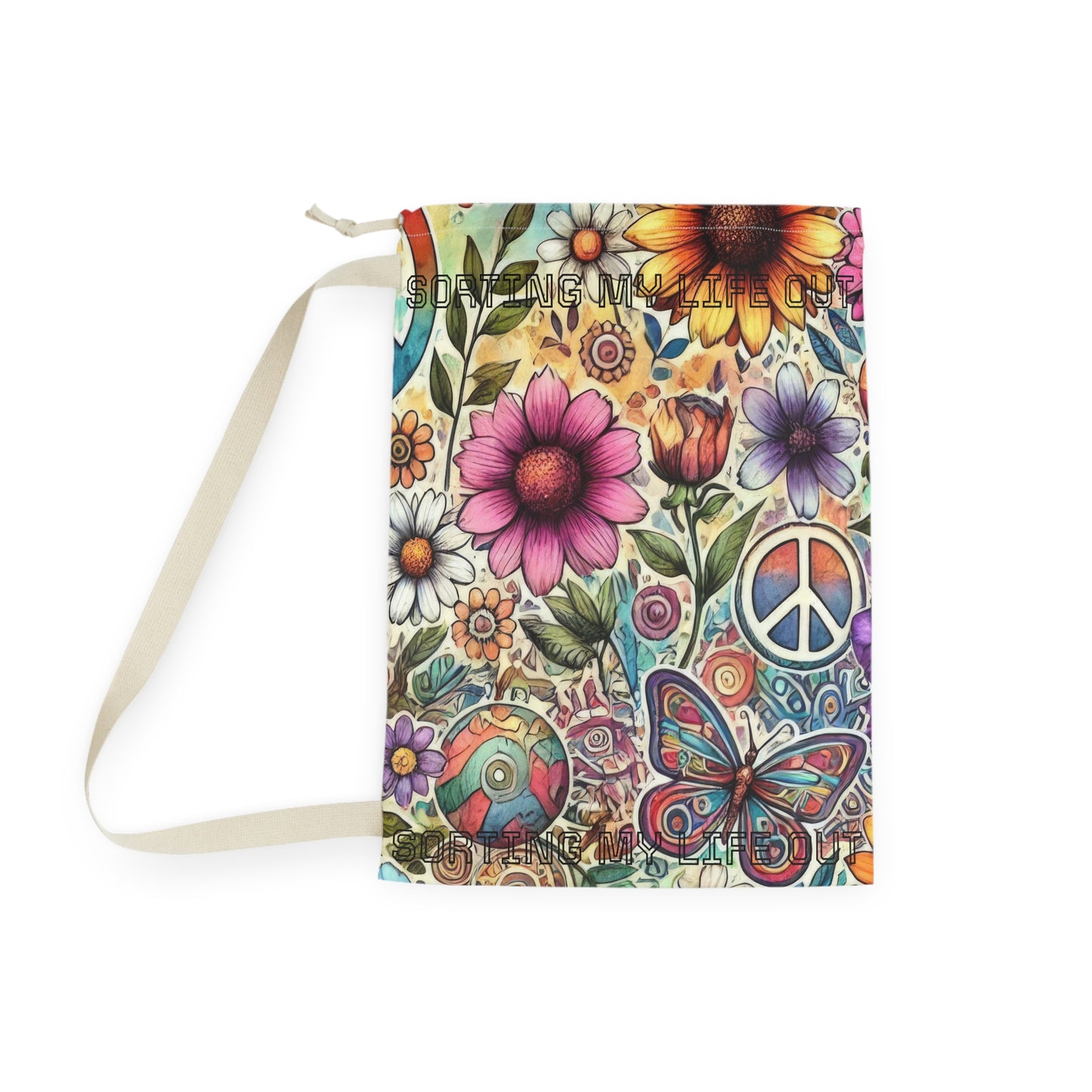 Bohemian Peace Floral "Sorting Out My Life" saying Laundry Bag — Drawstring Hippie Laundry Sack
