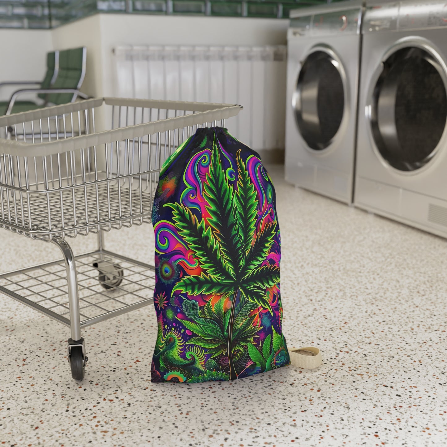 Kaleidoscopic Botanical Leaf Laundry Bag – Neon Trippy Drawstring Hamper
