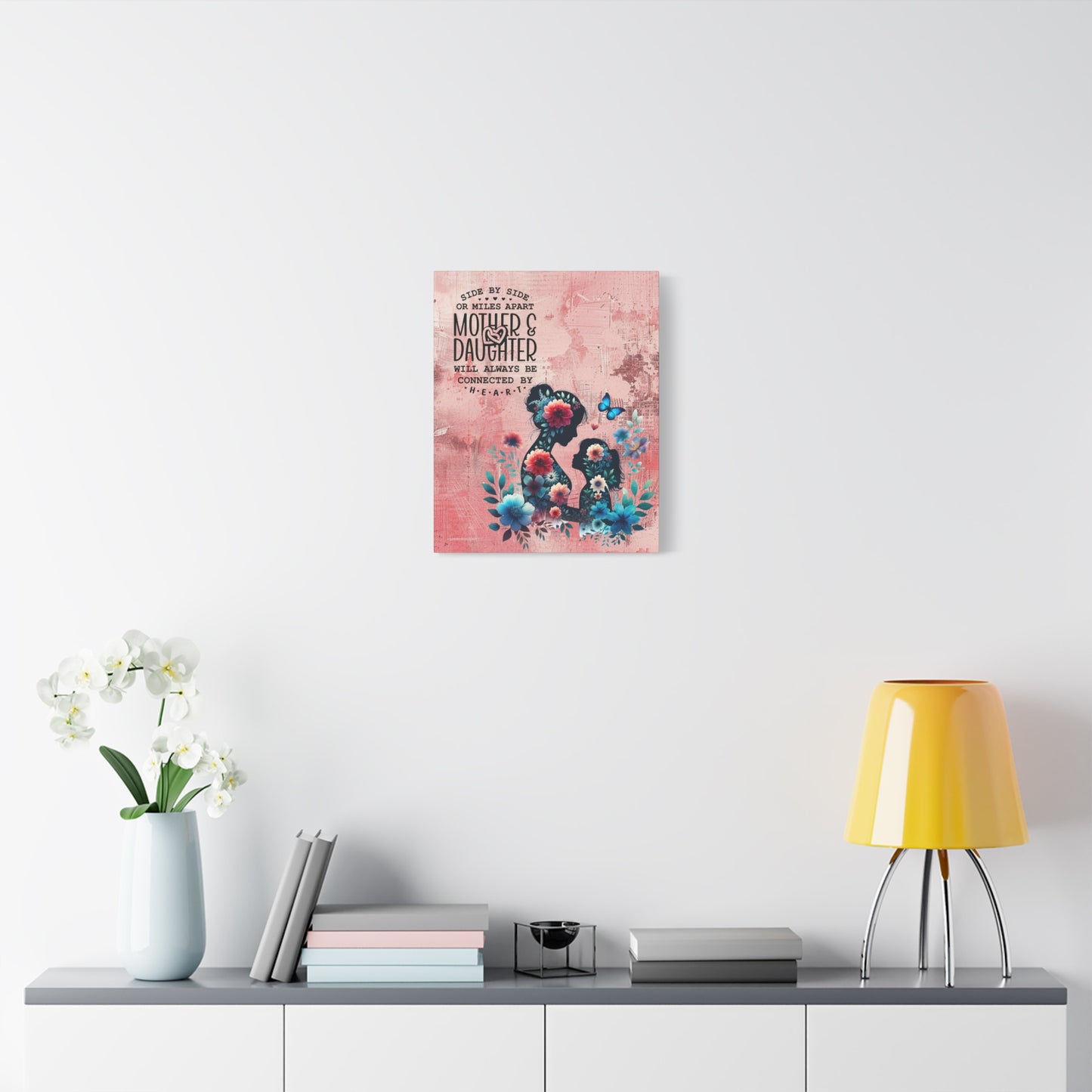 Mother-Daughter Love With Floral And Butterfly Canvas Wall Art Print