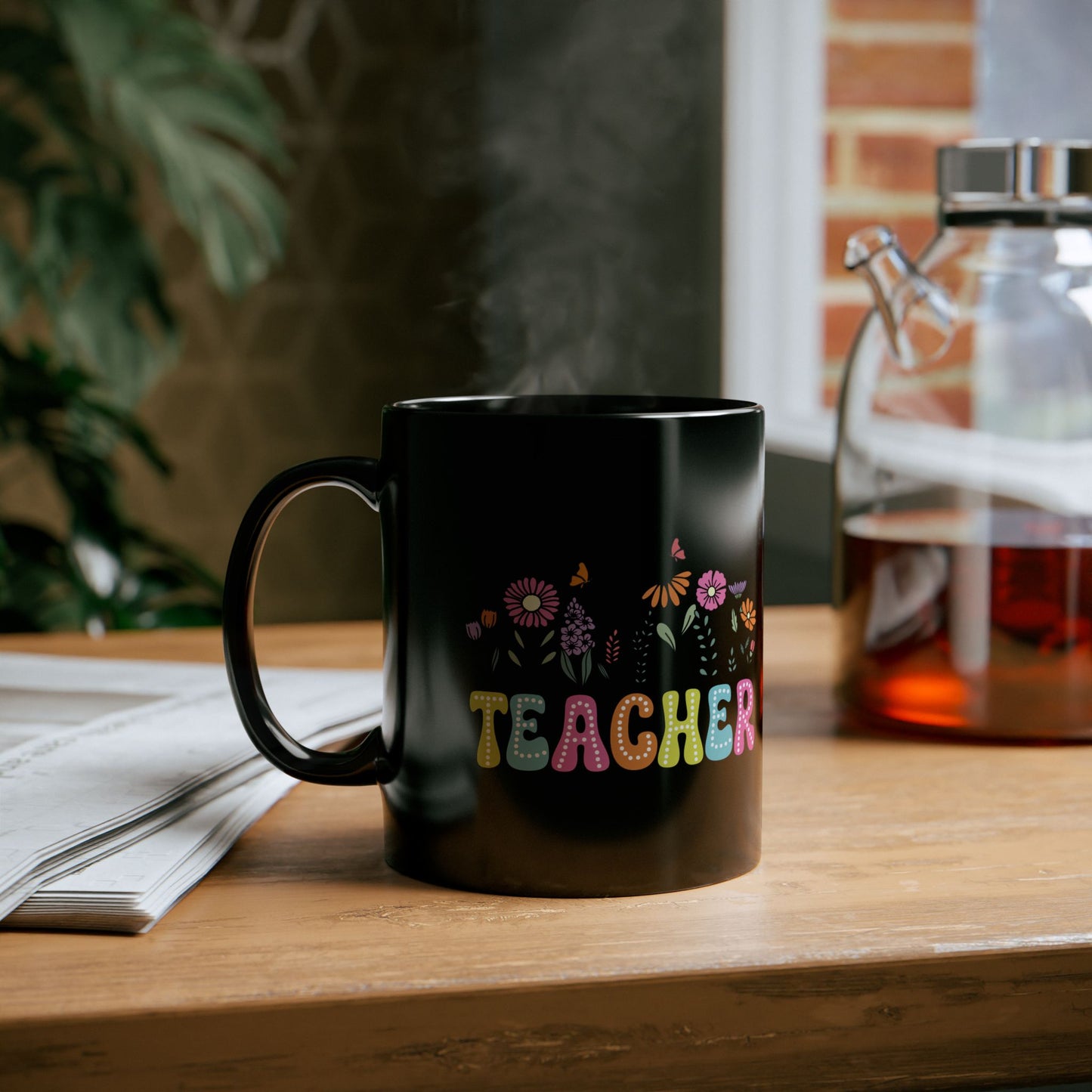Education Theme Teacher with Floral Black Mug (11oz, 15oz) Great Gift for Teachers to Enjoy Their Coffee, Tea or Hot Chocolate, Gift Idea for Educators