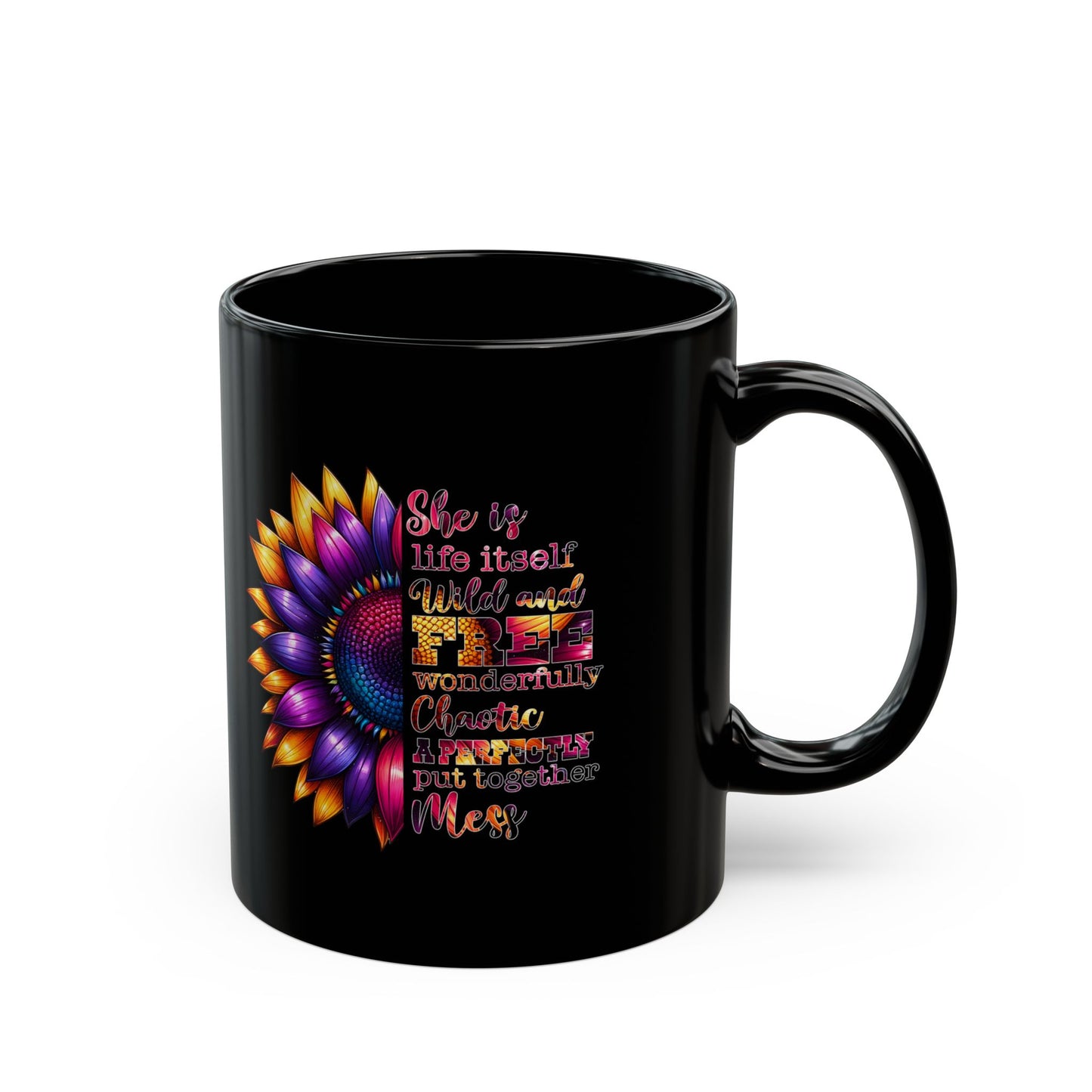 Inspirational Black Mug with Colorful Flower Design - Perfect Gift for Women