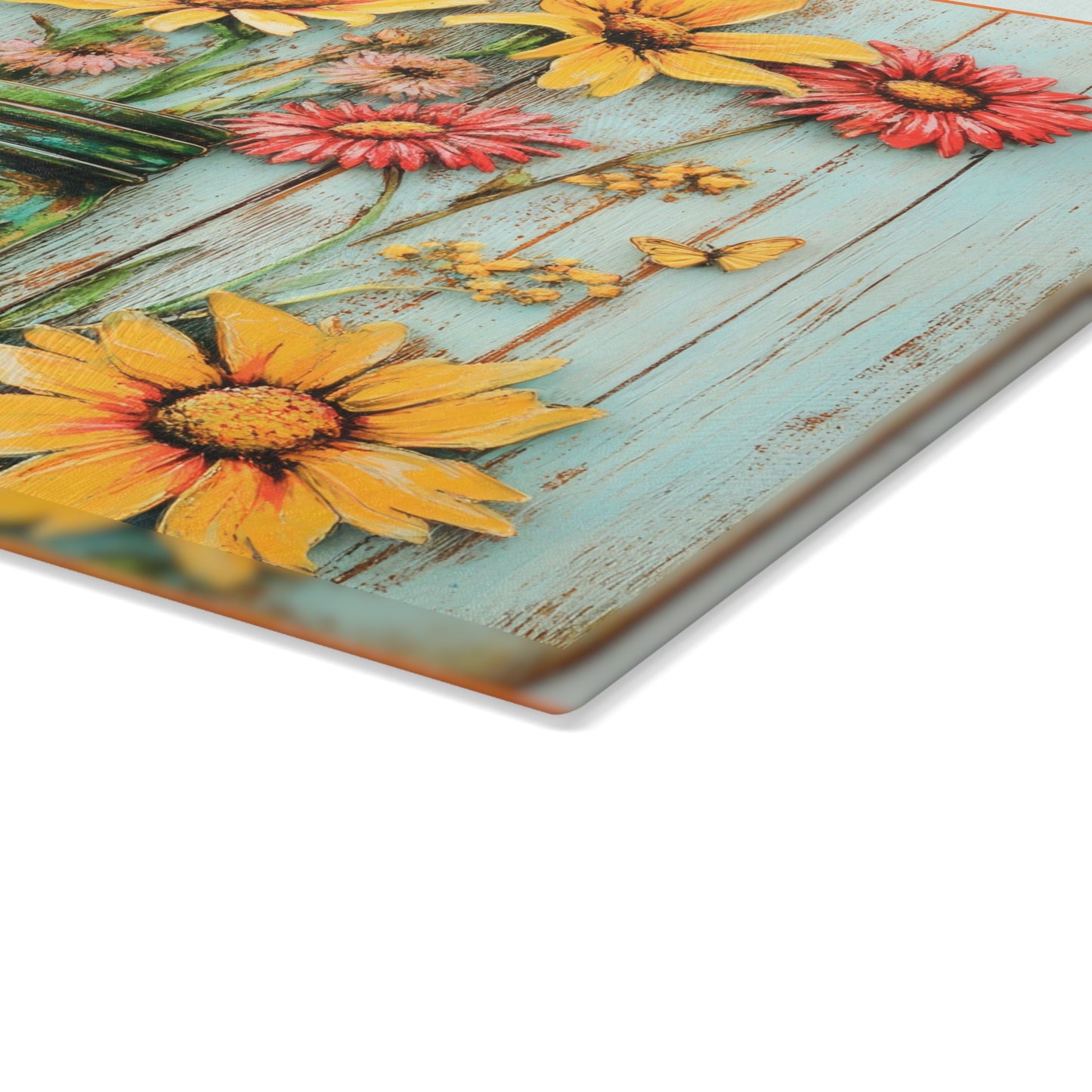 Floral Mason Jar Glass Cutting Board - Rustic Charm