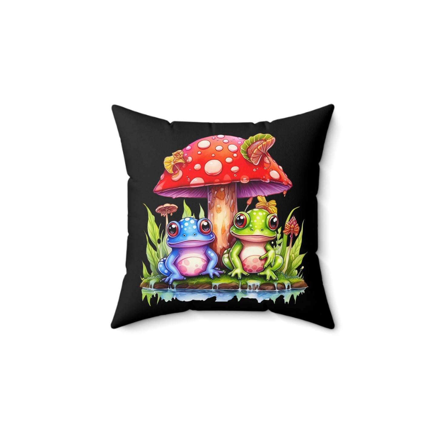 Decorative Spun Polyester Square Pillow, Mushroom with Frogs Decor for Home or Office, Great Gift Idea for Any Occasion for Anyone