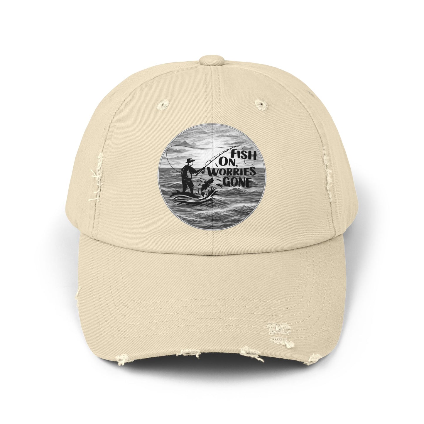 Fishing Themed "Fish On Worries Gone" Distressed Cap - Perfect Gift for Anglers, Outdoor Enthusiasts, Summer Vibes, Relaxation Hats, Fun Fishing Accessories