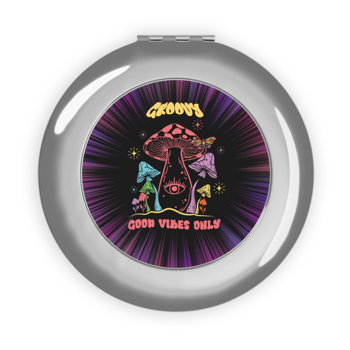 Compact Travel Mirror — Groovy Mushroom “Good Vibes Only” Pocket Mirror